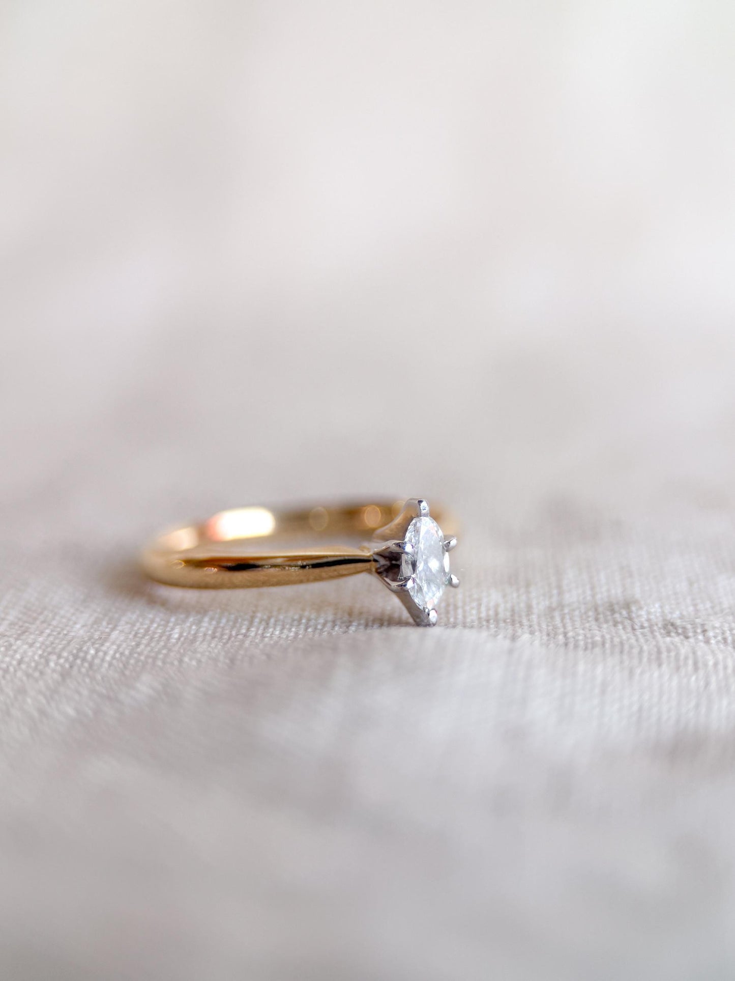 Vintage 1990s Diamond Engagement Ring, 14k Gold Marquise Cut Solitaire Setting • Vintage Fine Jewelry