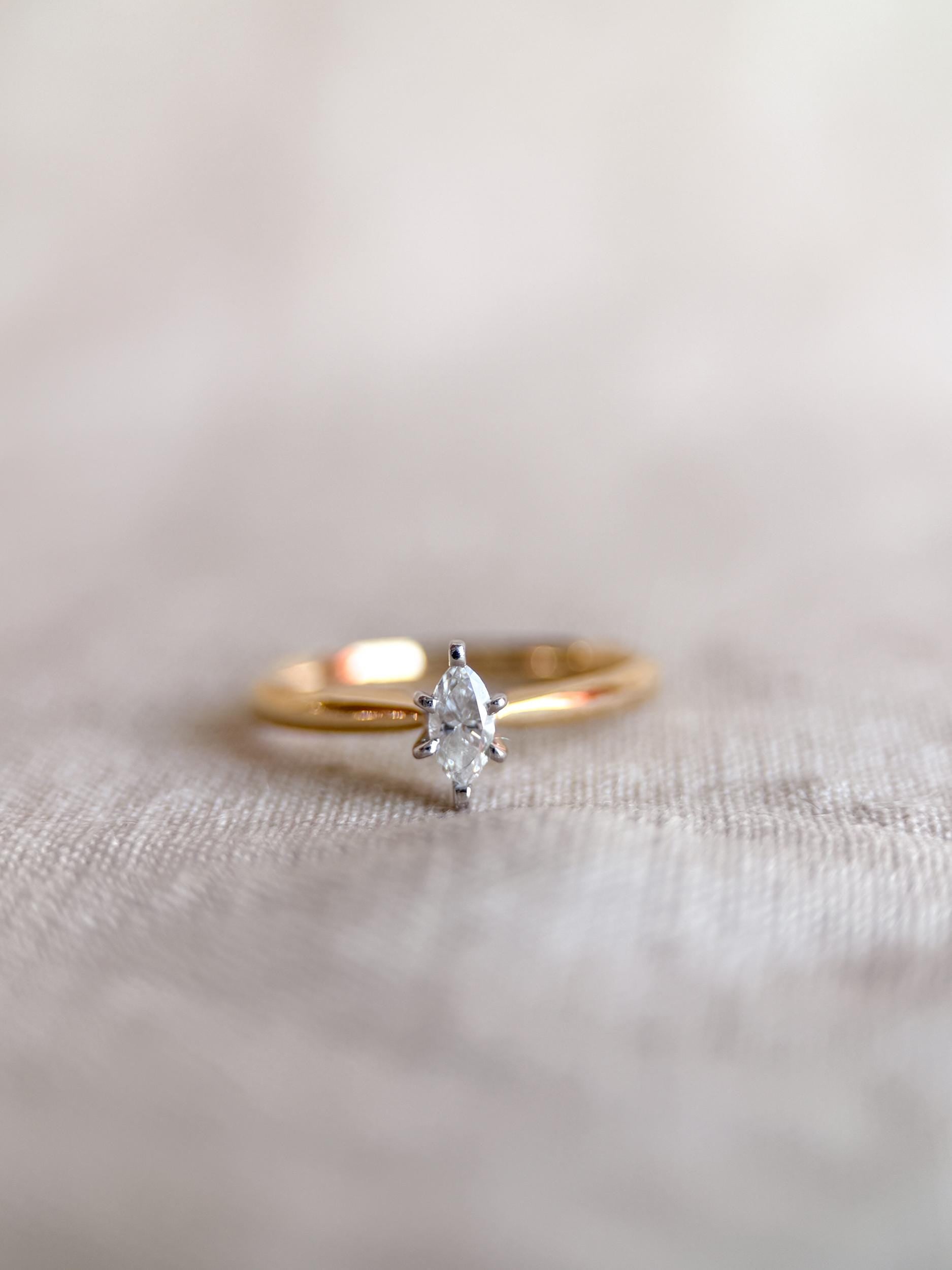 Vintage 1990s Diamond Engagement Ring, 14k Gold Marquise Cut Solitaire Setting • Vintage Fine Jewelry