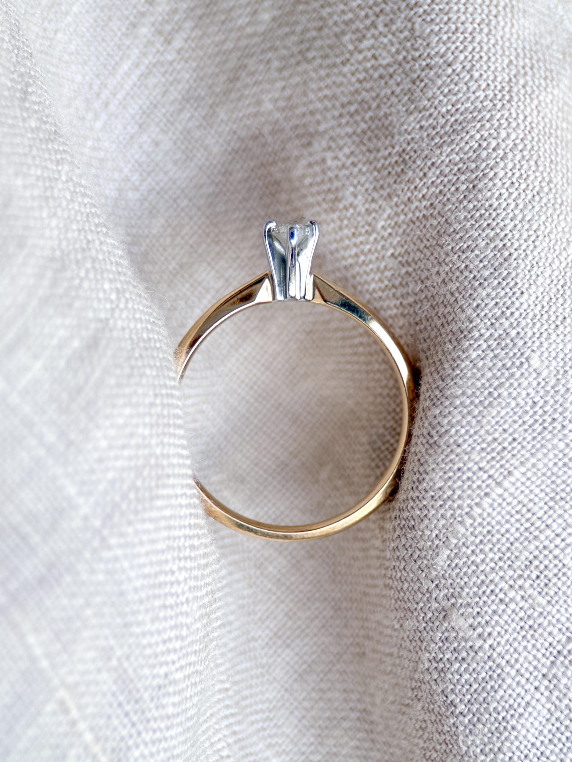 Vintage 1990s Diamond Engagement Ring, 14k Gold Marquise Cut Solitaire Setting • Vintage Fine Jewelry