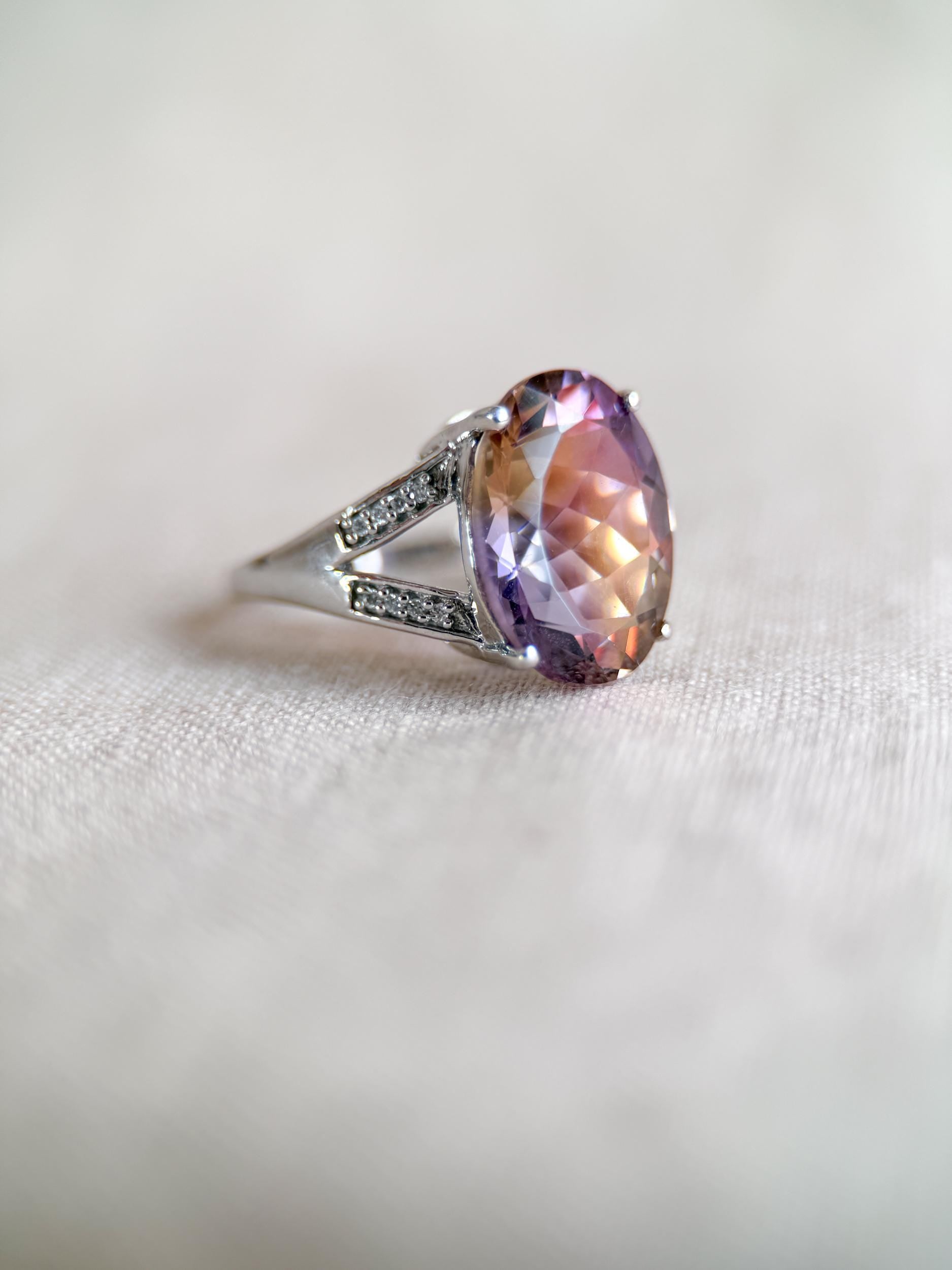 Vintage 1990s Oval Ametrine & Diamond Ring, 14k White Gold
