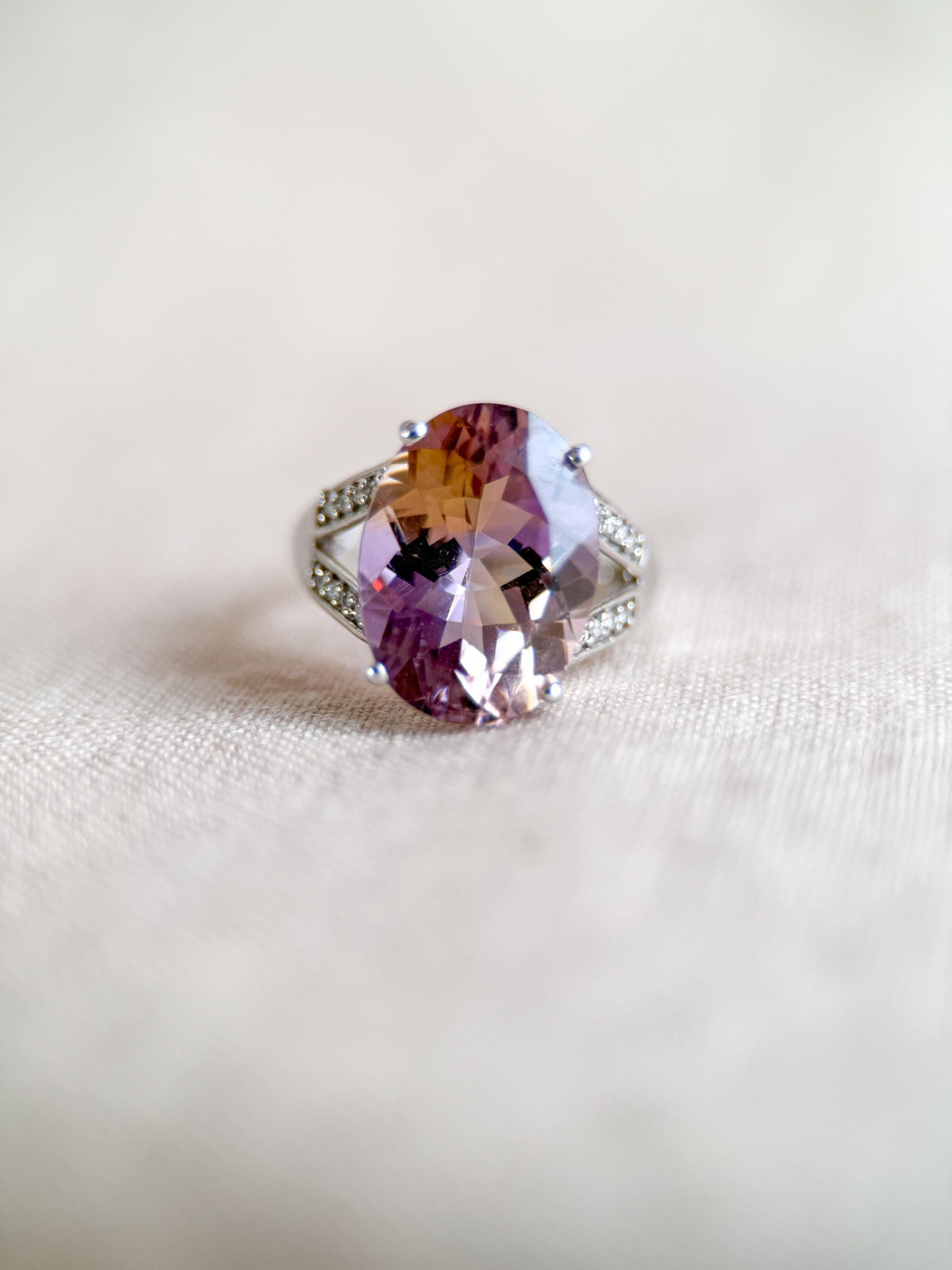 Vintage 1990s Oval Ametrine & Diamond Ring, 14k White Gold