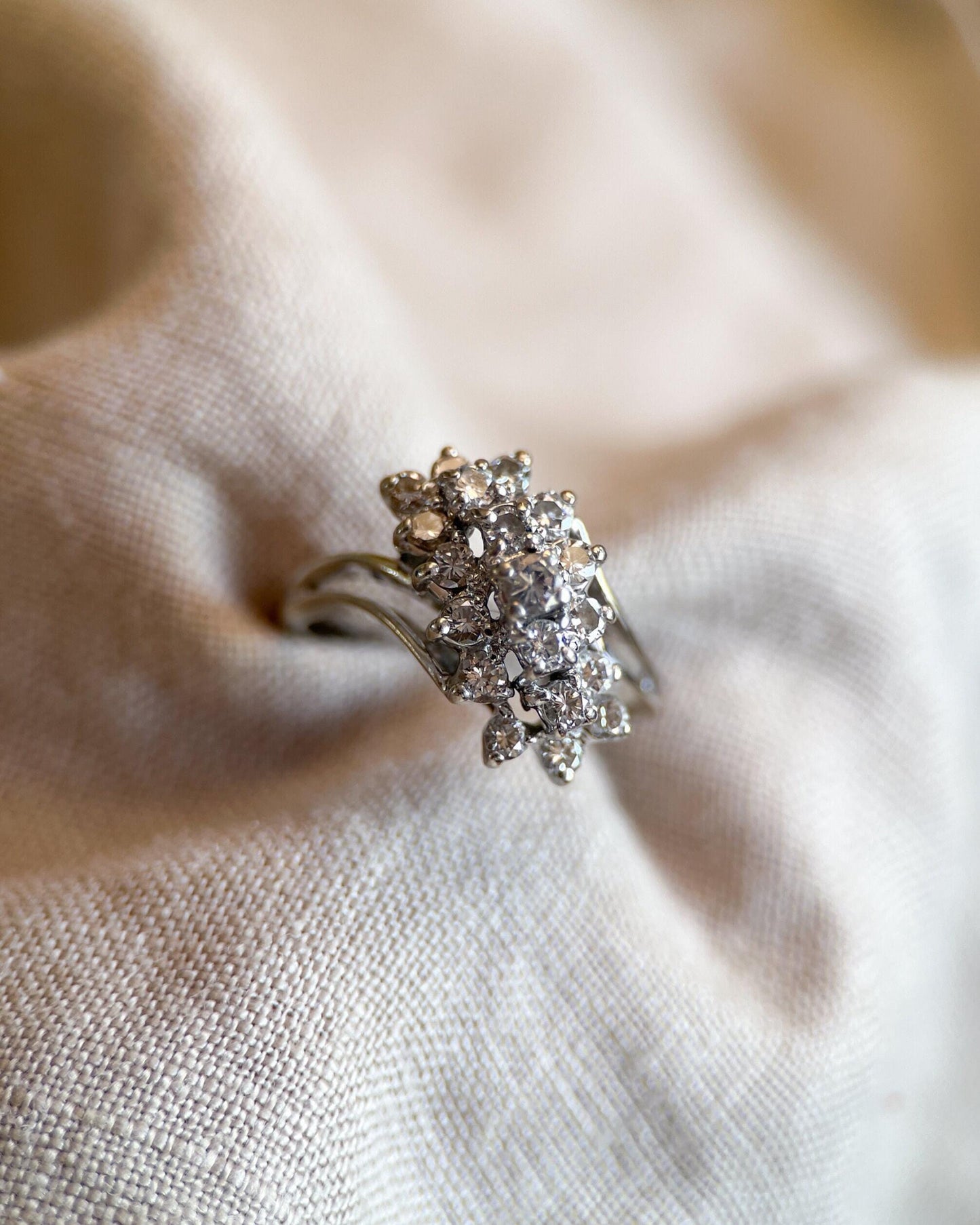 Vintage 1990s Diamond Engagement Ring, 14k White Gold, Asymmetrical Cluster Waterfall Design • One-of-a-kind Jewelry
