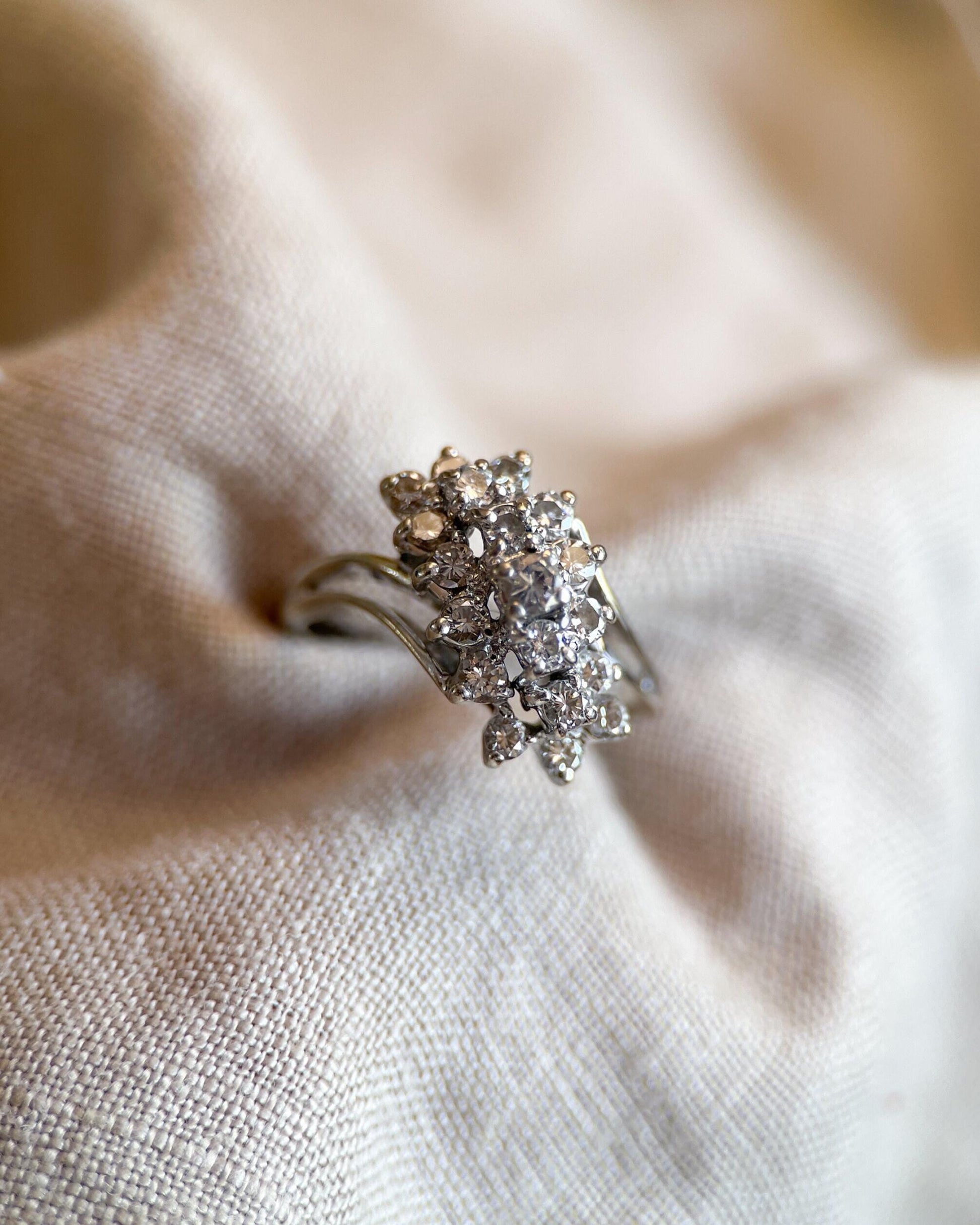 Vintage 1990s Diamond Engagement Ring, 14k White Gold, Asymmetrical Cluster Waterfall Design • One-of-a-kind Jewelry