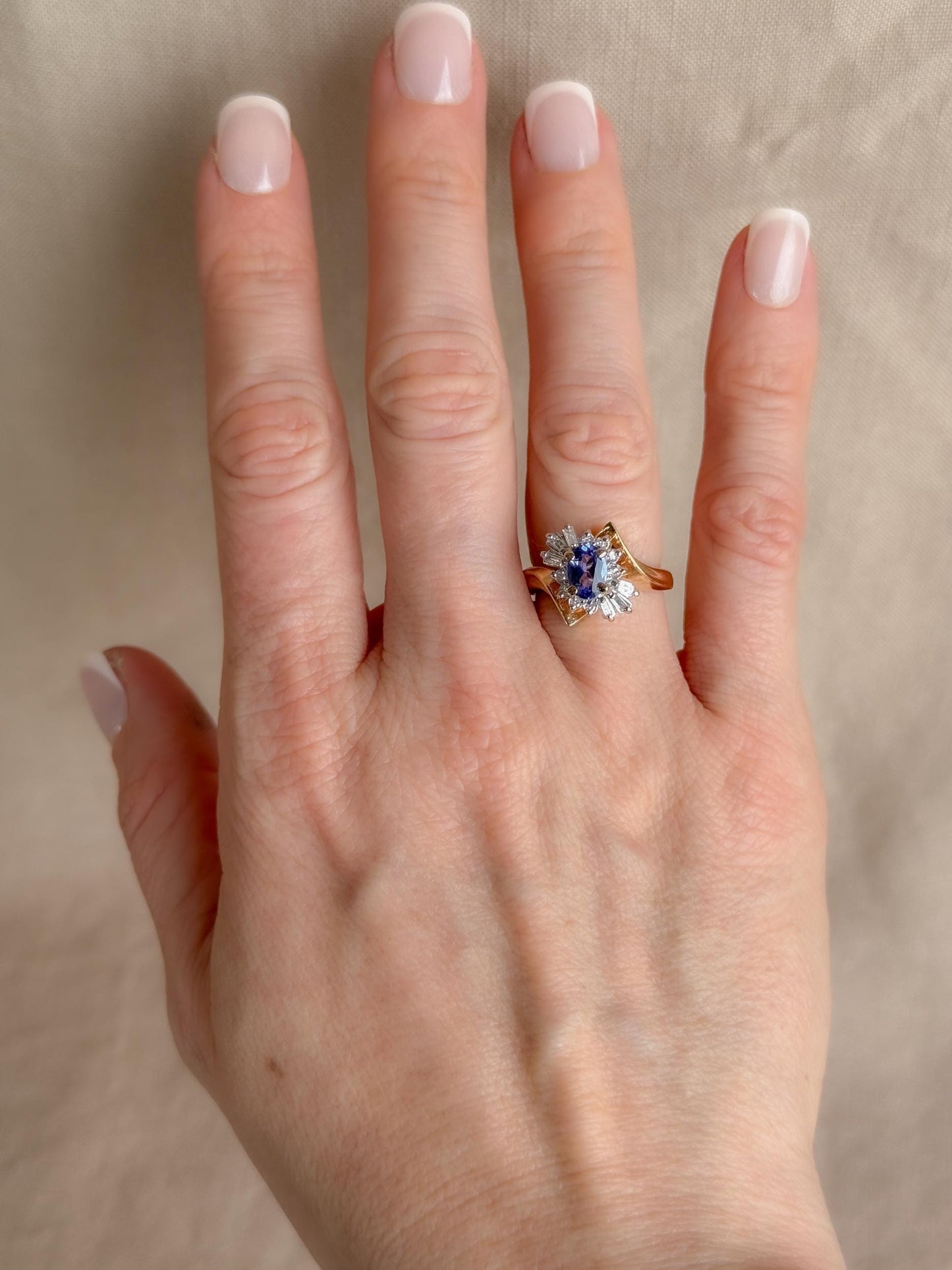 Vintage 1990s Tanzanite & Diamond Halo Ring in 14k Gold