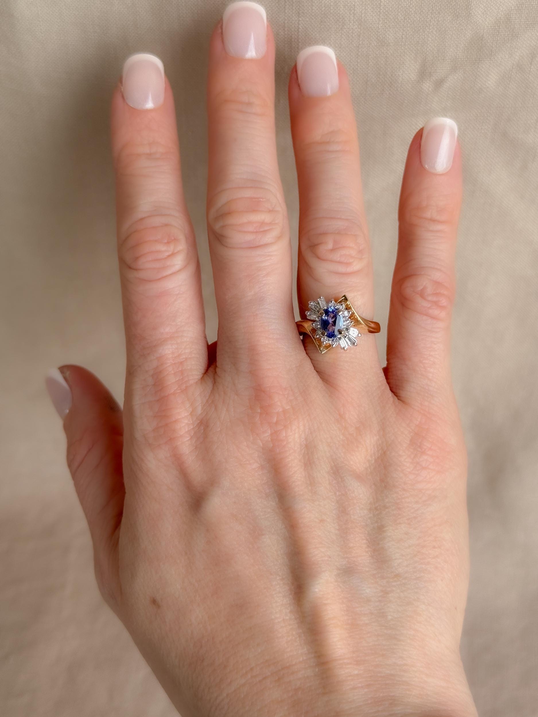 Vintage 1990s Tanzanite & Diamond Halo Ring in 14k Gold