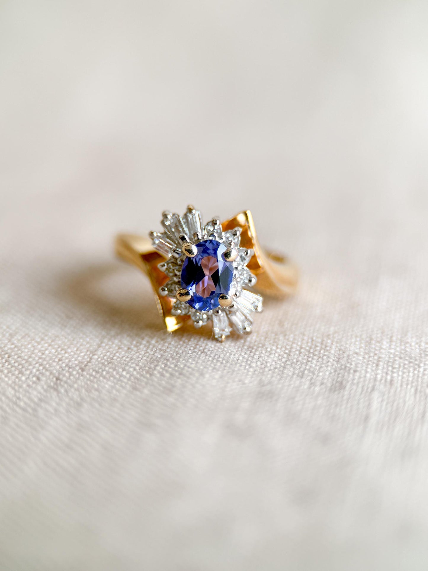 Vintage 1990s Tanzanite & Diamond Halo Ring in 14k Gold