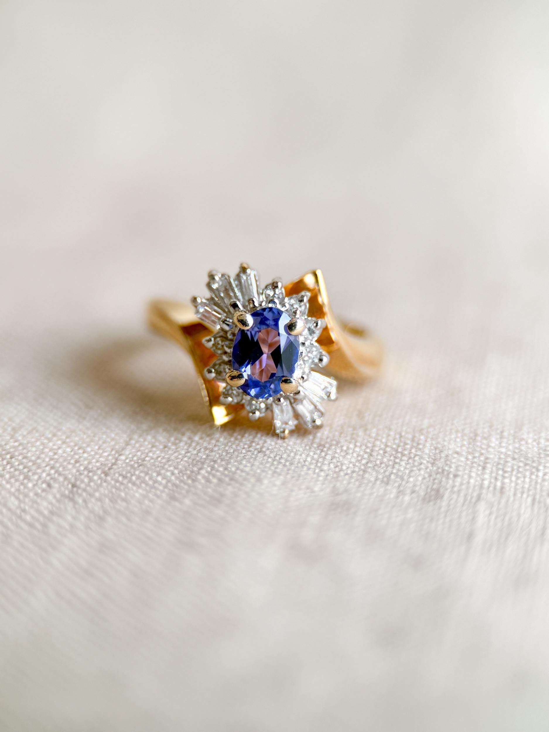 Vintage 1990s Tanzanite & Diamond Halo Ring in 14k Gold