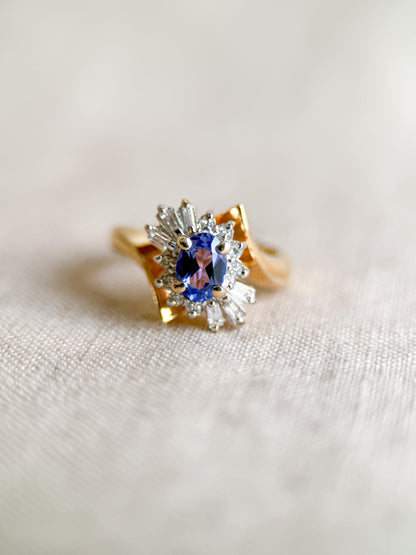 Vintage 1990s Tanzanite & Diamond Halo Ring in 14k Gold