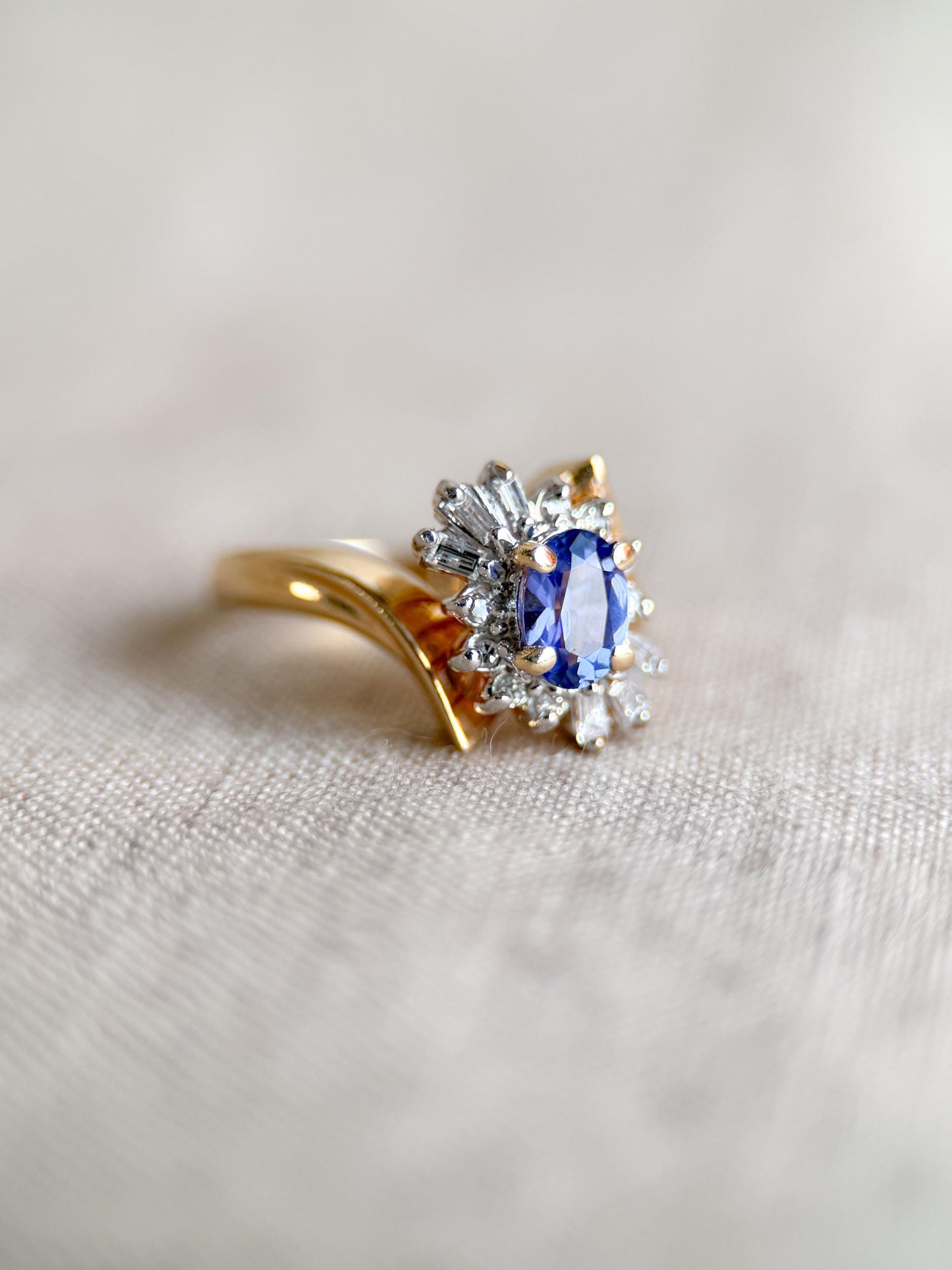 Vintage 1990s Tanzanite & Diamond Halo Ring in 14k Gold