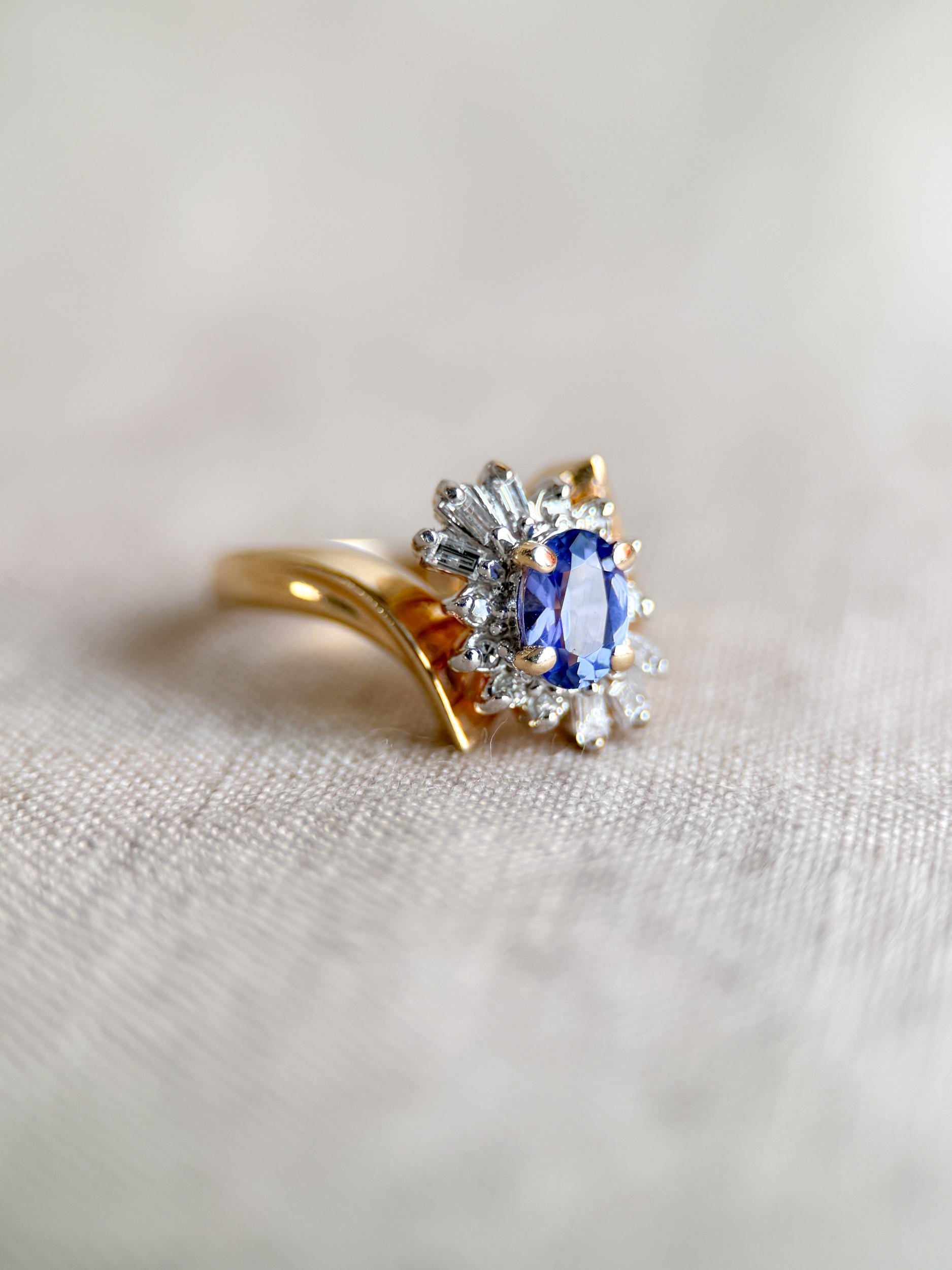 Vintage 1990s Tanzanite & Diamond Halo Ring in 14k Gold