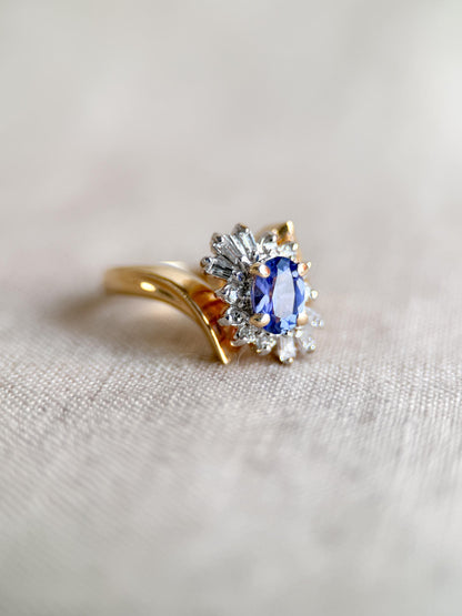 Vintage 1990s Tanzanite & Diamond Halo Ring in 14k Gold