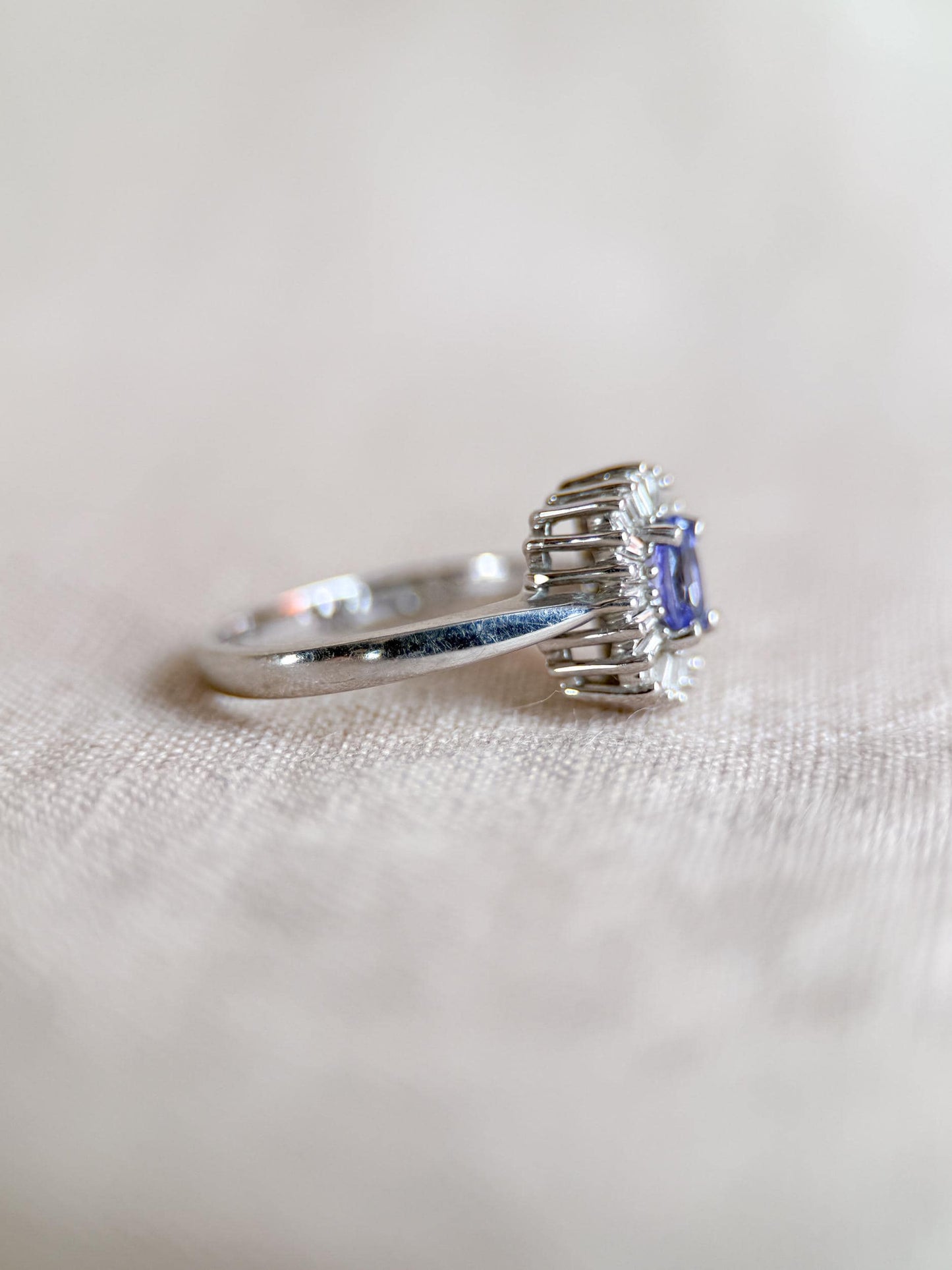 Vintage 1990s Tanzanite & Diamond Halo Ring in 14k White Gold - Timeless Sustainability • Vintage Fine Jewelry