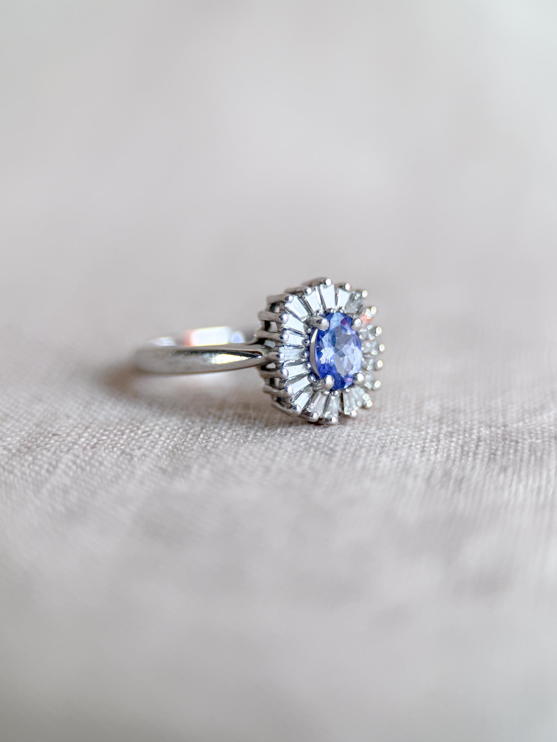 Vintage 1990s Tanzanite & Diamond Halo Ring in 14k White Gold - Timeless Sustainability • Vintage Fine Jewelry