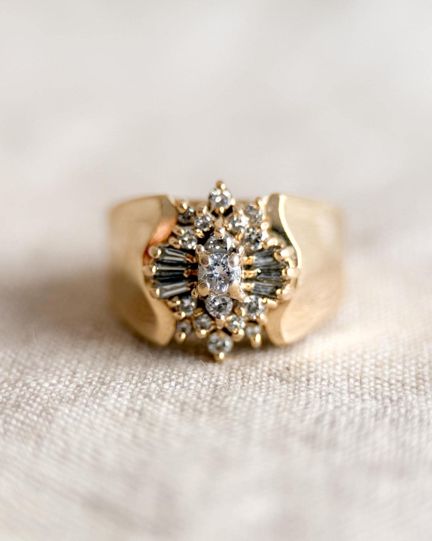 Vintage 1970s Diamond Engagement Ring, 14k Gold, Cluster Sunburst Halo Design • One-of-a-kind Vintage Jewelry