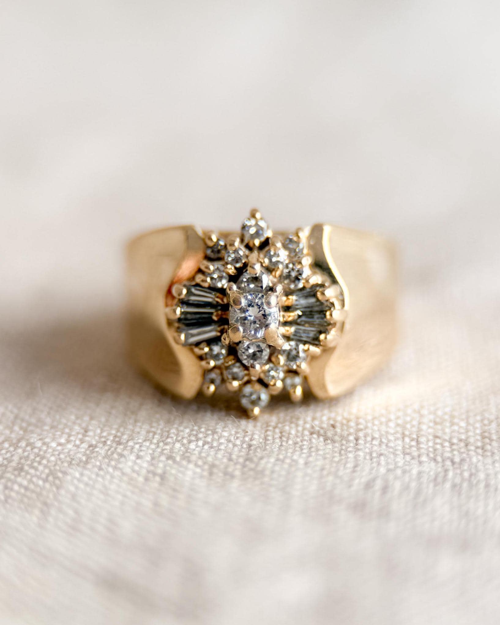 Vintage 1970s Diamond Engagement Ring, 14k Gold, Cluster Sunburst Halo Design • One-of-a-kind Vintage Jewelry