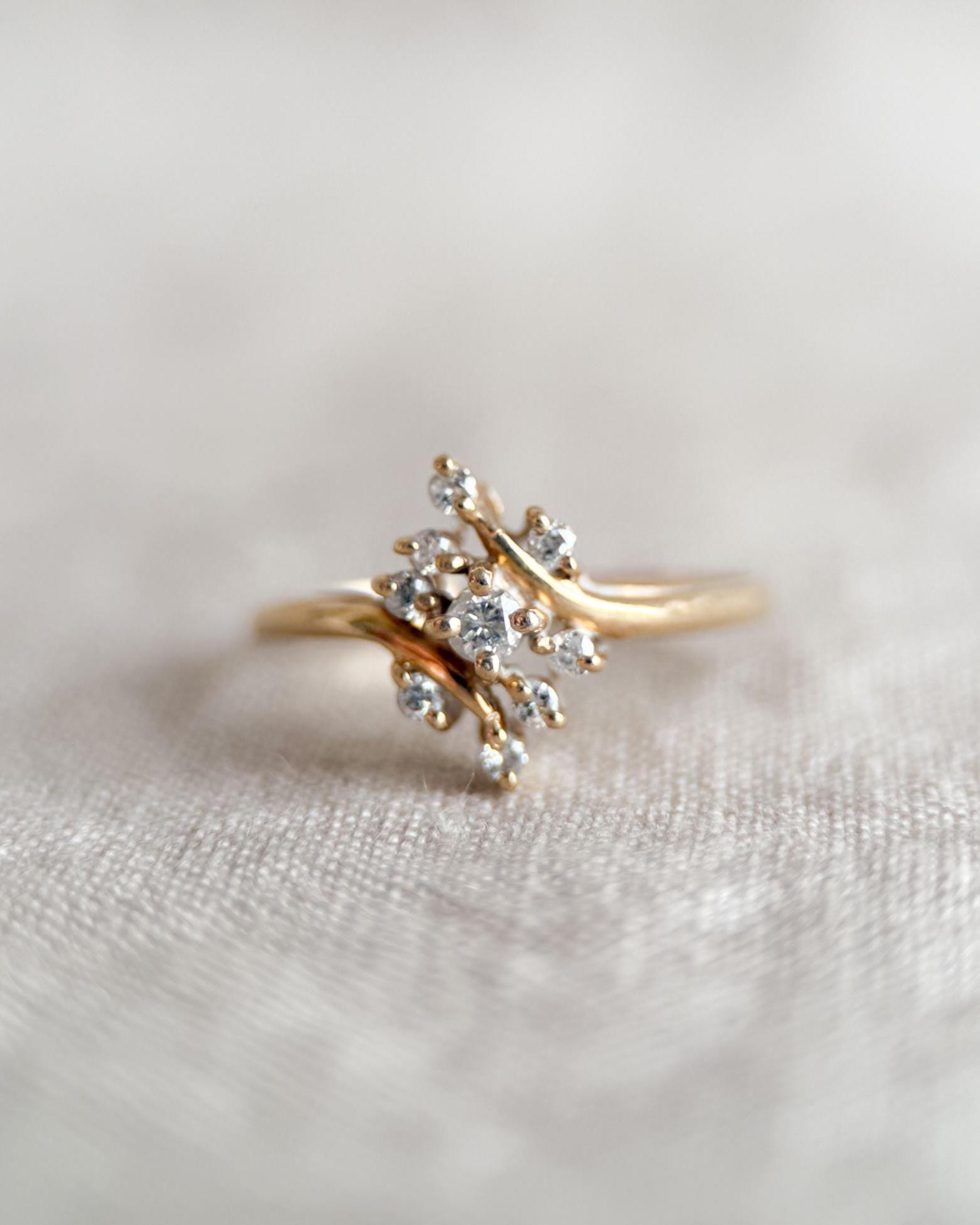 Vintage 1970s Diamond Engagement Ring, 14k Gold, Cluster Style Wedding Ring • One-of-a-kind Jewelry