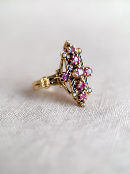 Antique 1930s Art Nouveau Ruby Ring, 14k Gold