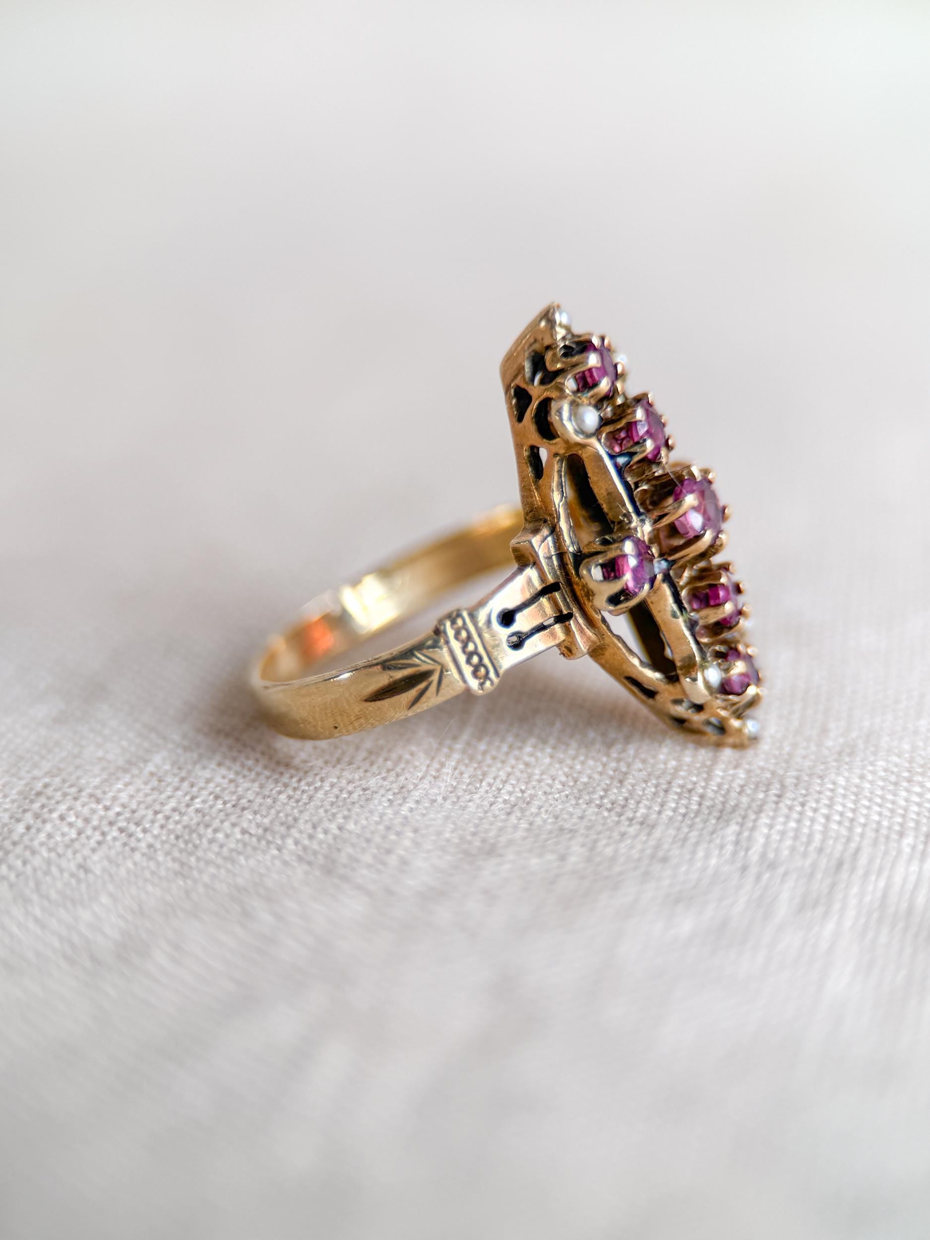 Antique 1930s Art Nouveau Ruby Ring, 14k Gold
