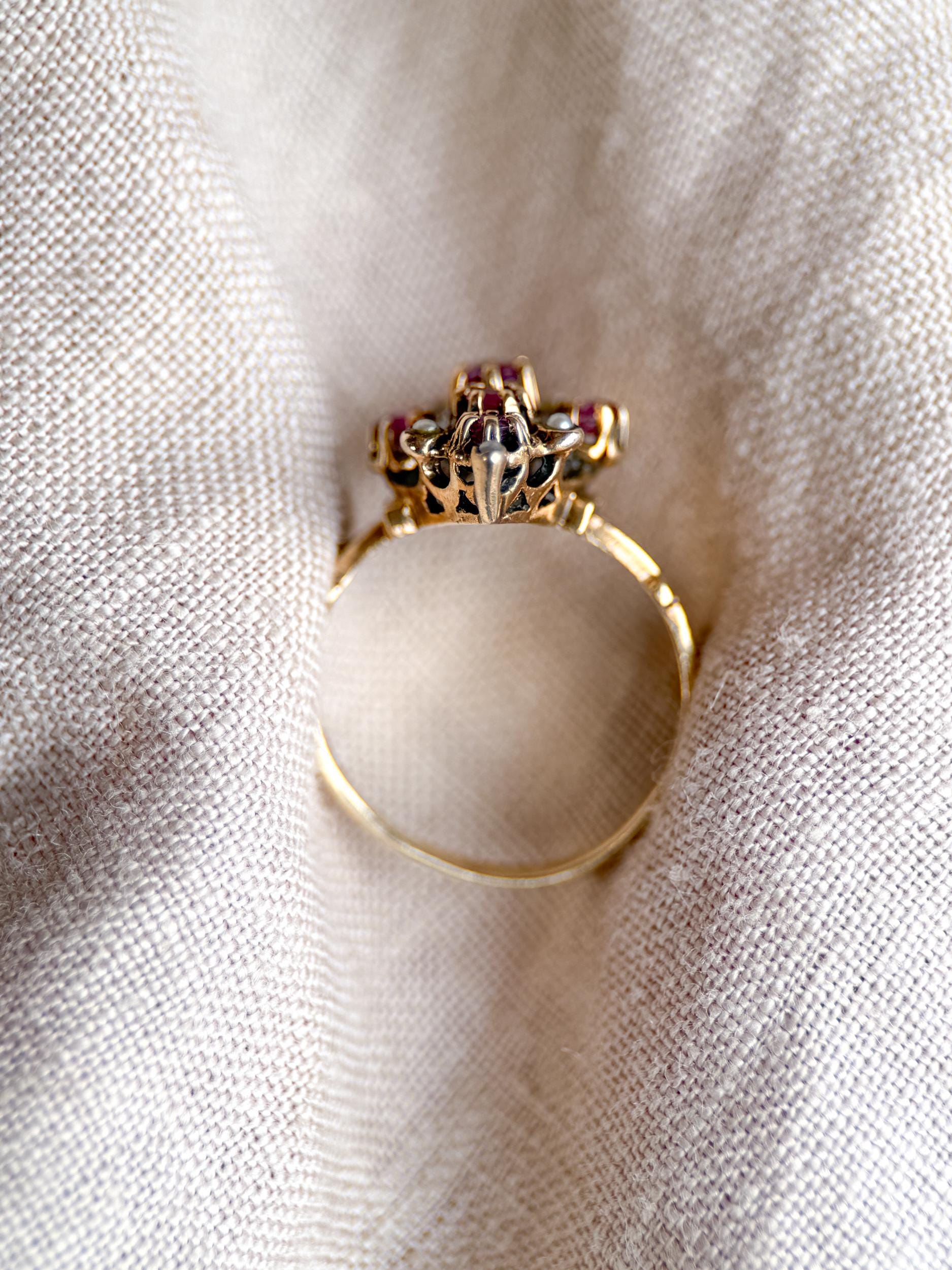 Antique 1930s Art Nouveau Ruby Ring, 14k Gold - Timeless Sustainability • Vintage Fine Jewelry