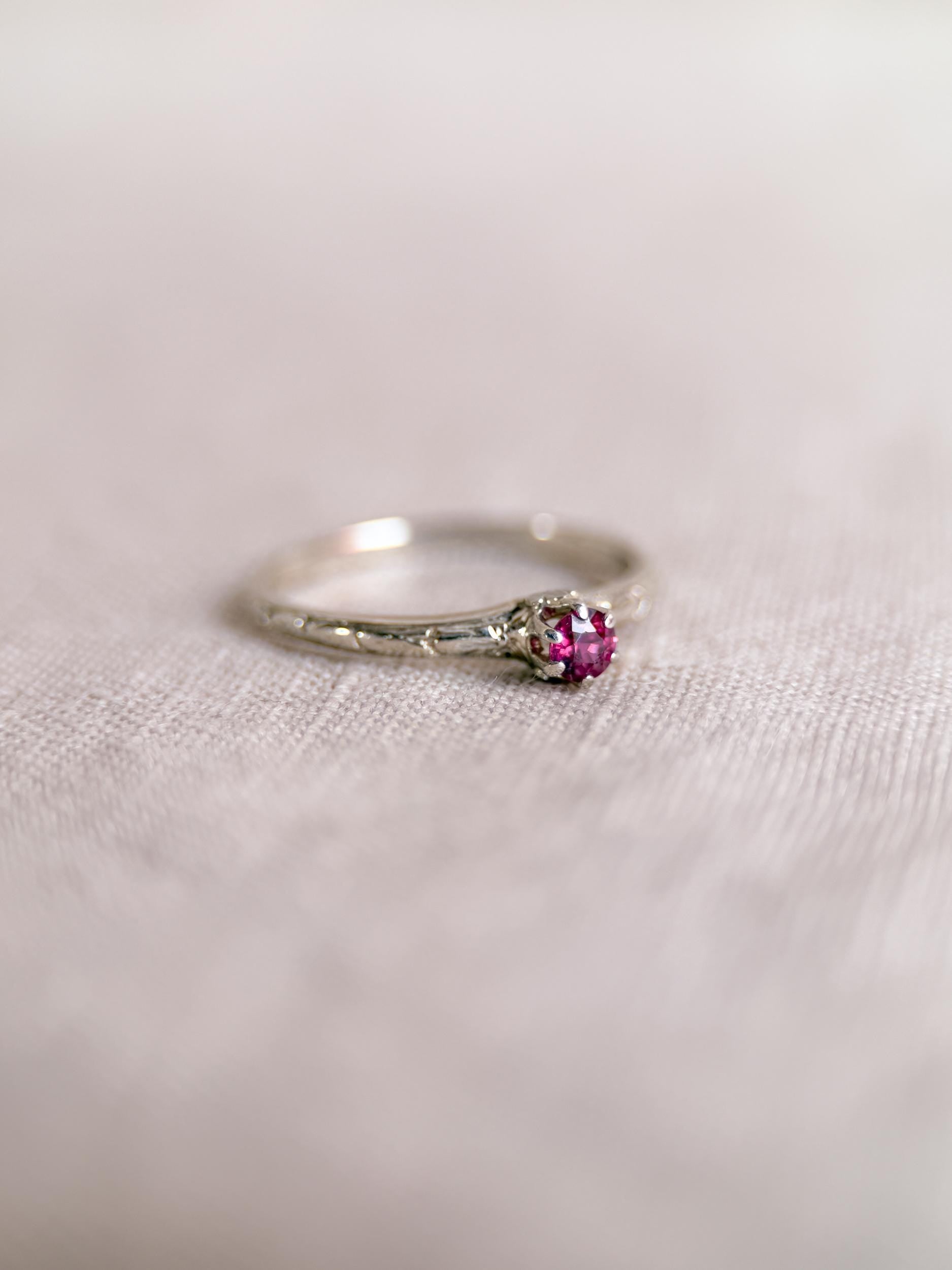 Antique 1930s Art Nouveau Ruby Ring, 14k White Gold