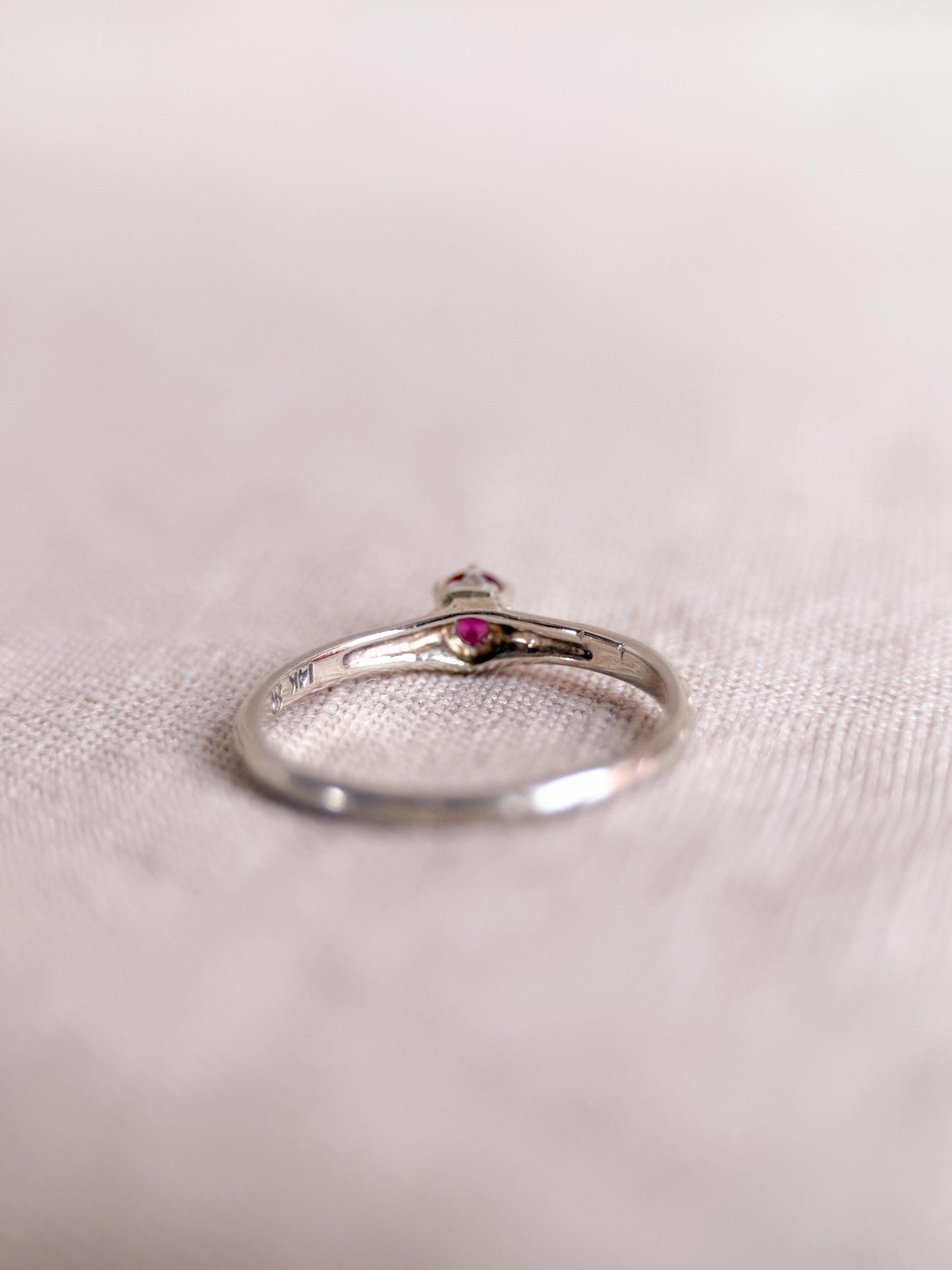 Antique 1930s Art Nouveau Ruby Ring, 14k White Gold