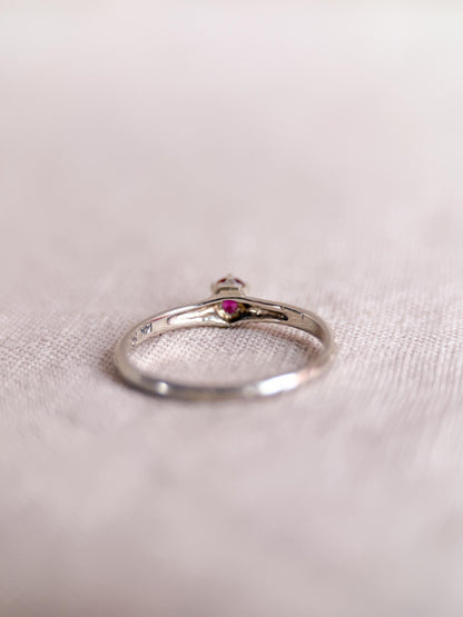 Antique 1930s Art Nouveau Ruby Ring, 14k White Gold