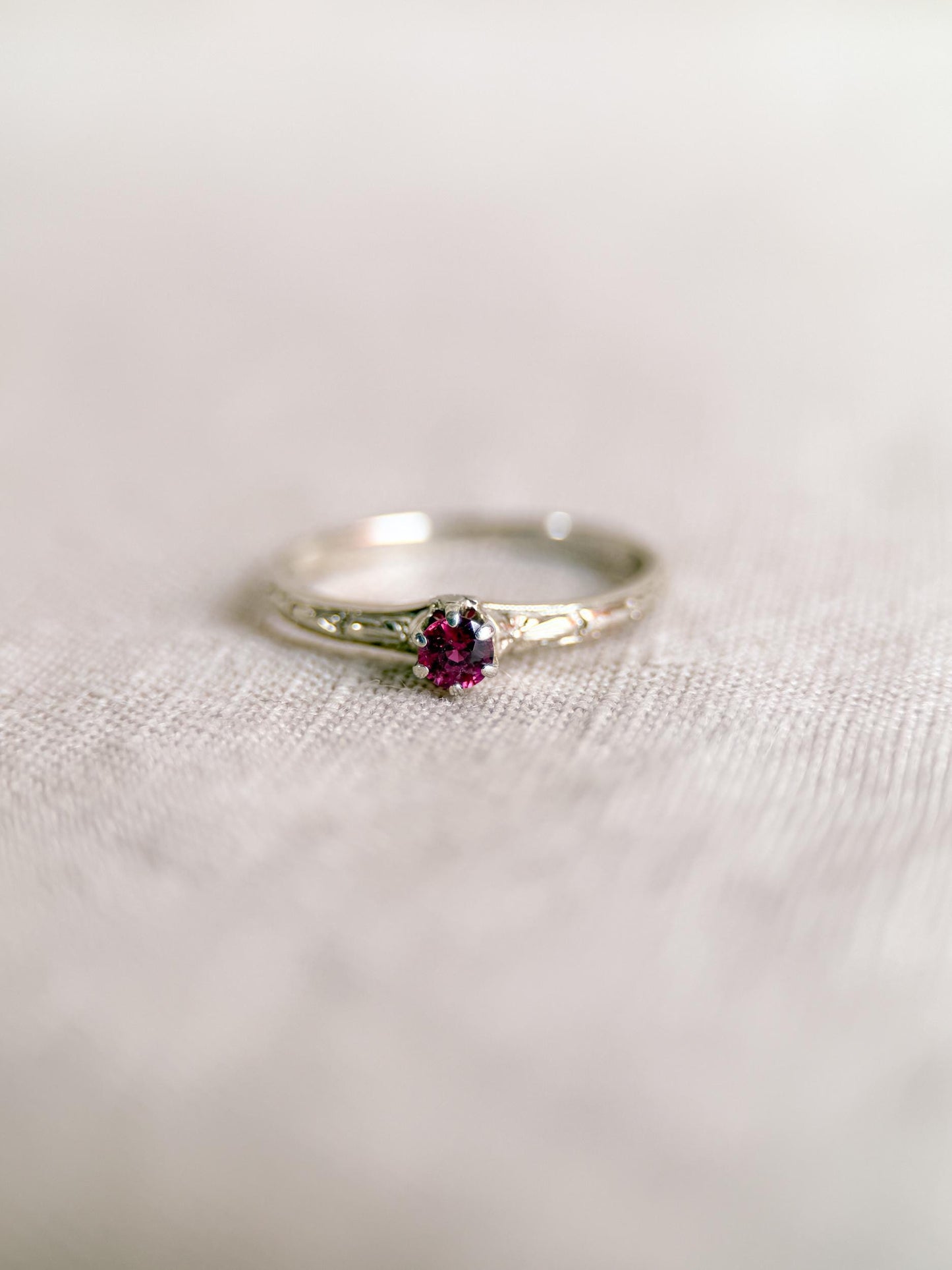 Antique 1930s Art Nouveau Ruby Ring, 14k White Gold