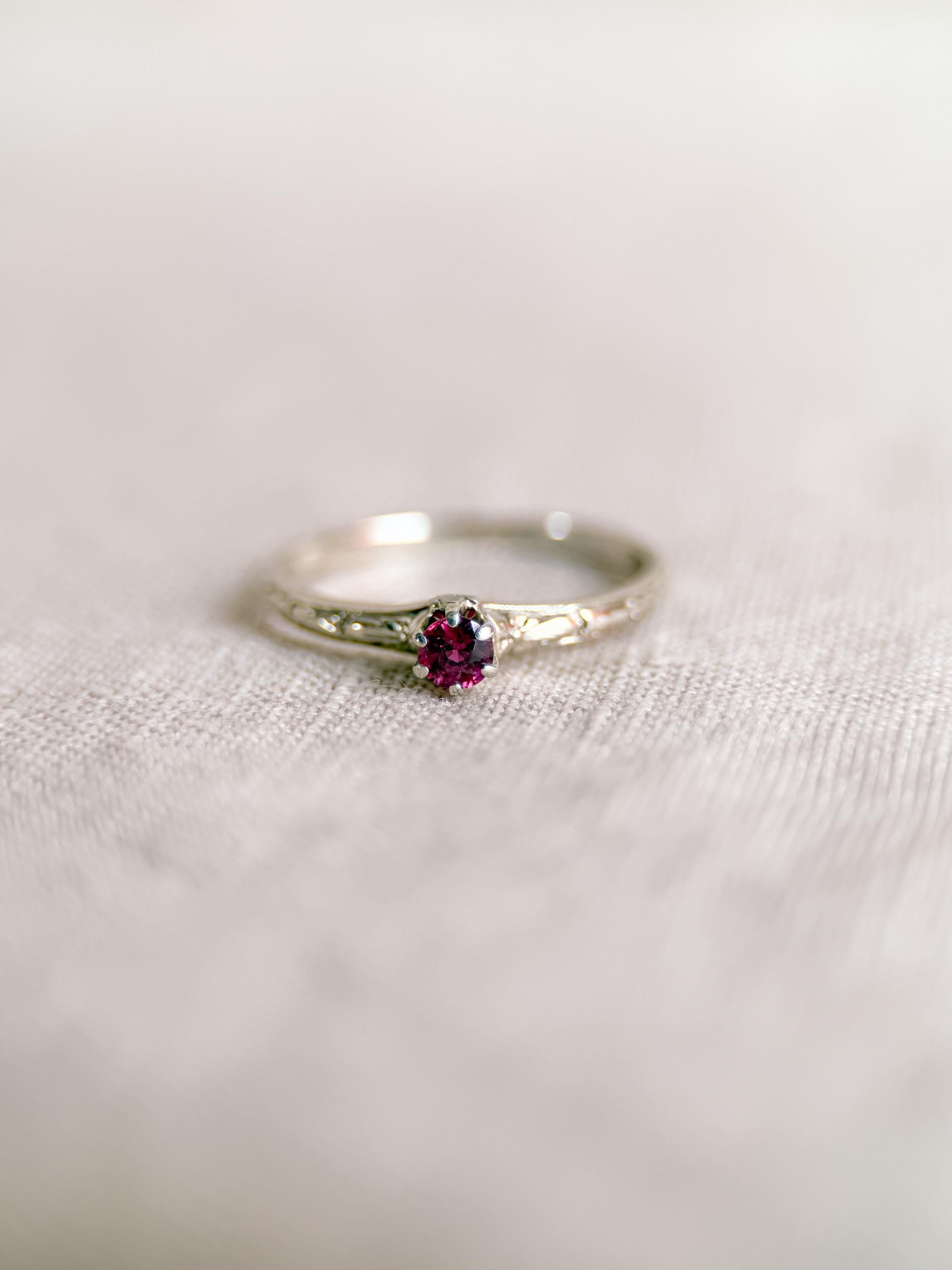 Antique 1930s Art Nouveau Ruby Ring, 14k White Gold
