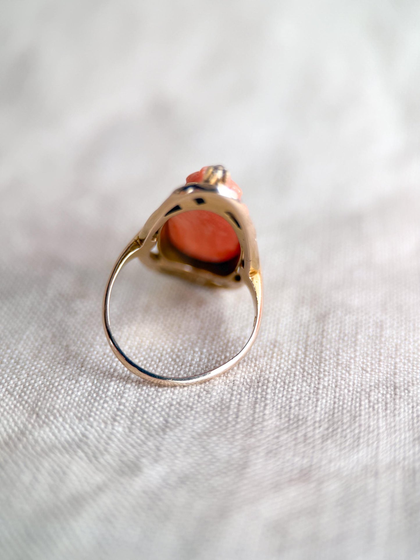 Antique 1920s Coral Cameo Ring in 10k Gold
