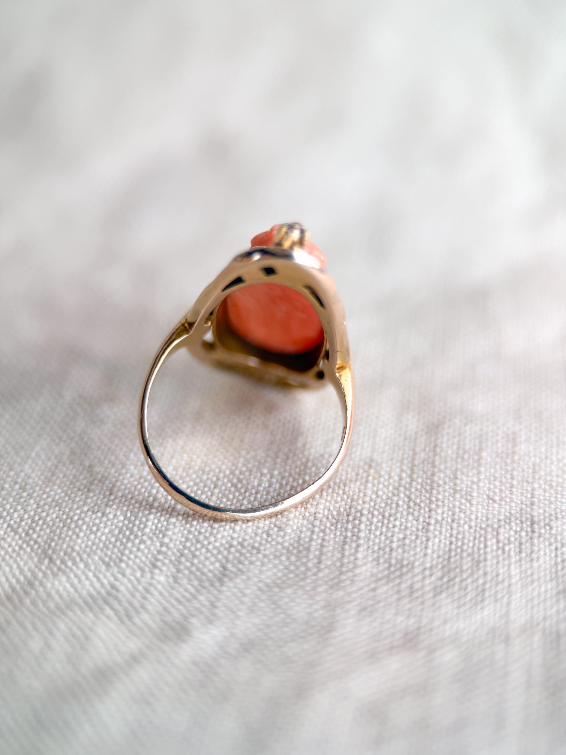 Antique 1920s Coral Cameo Ring in 10k Gold