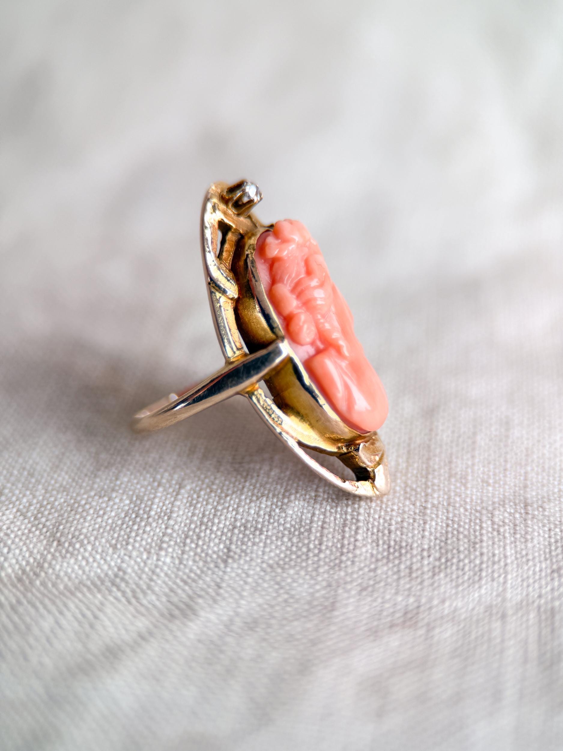 Antique 1920s Coral Cameo Ring in 10k Gold