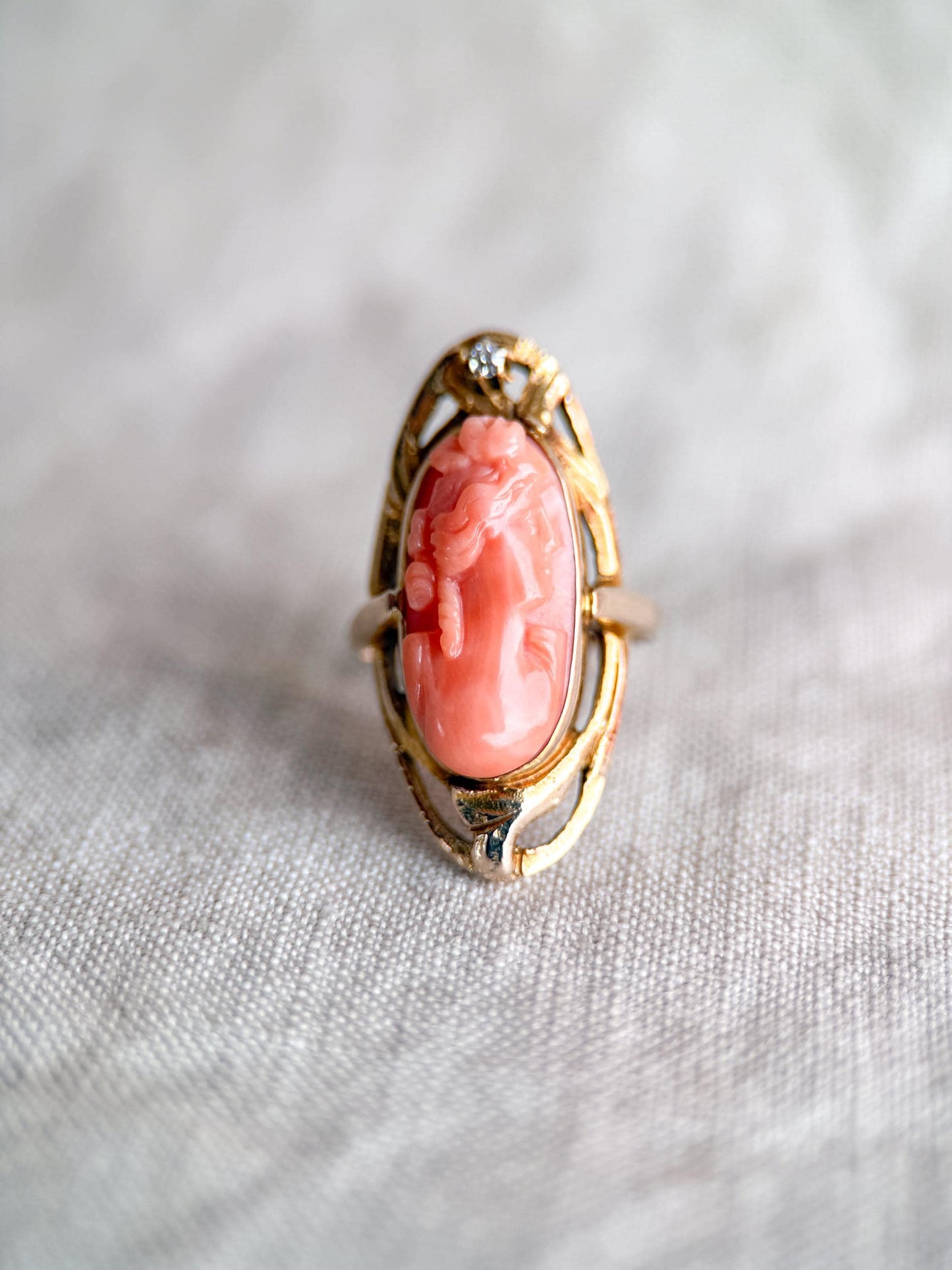 Antique 1920s Coral Cameo Ring in 10k Gold