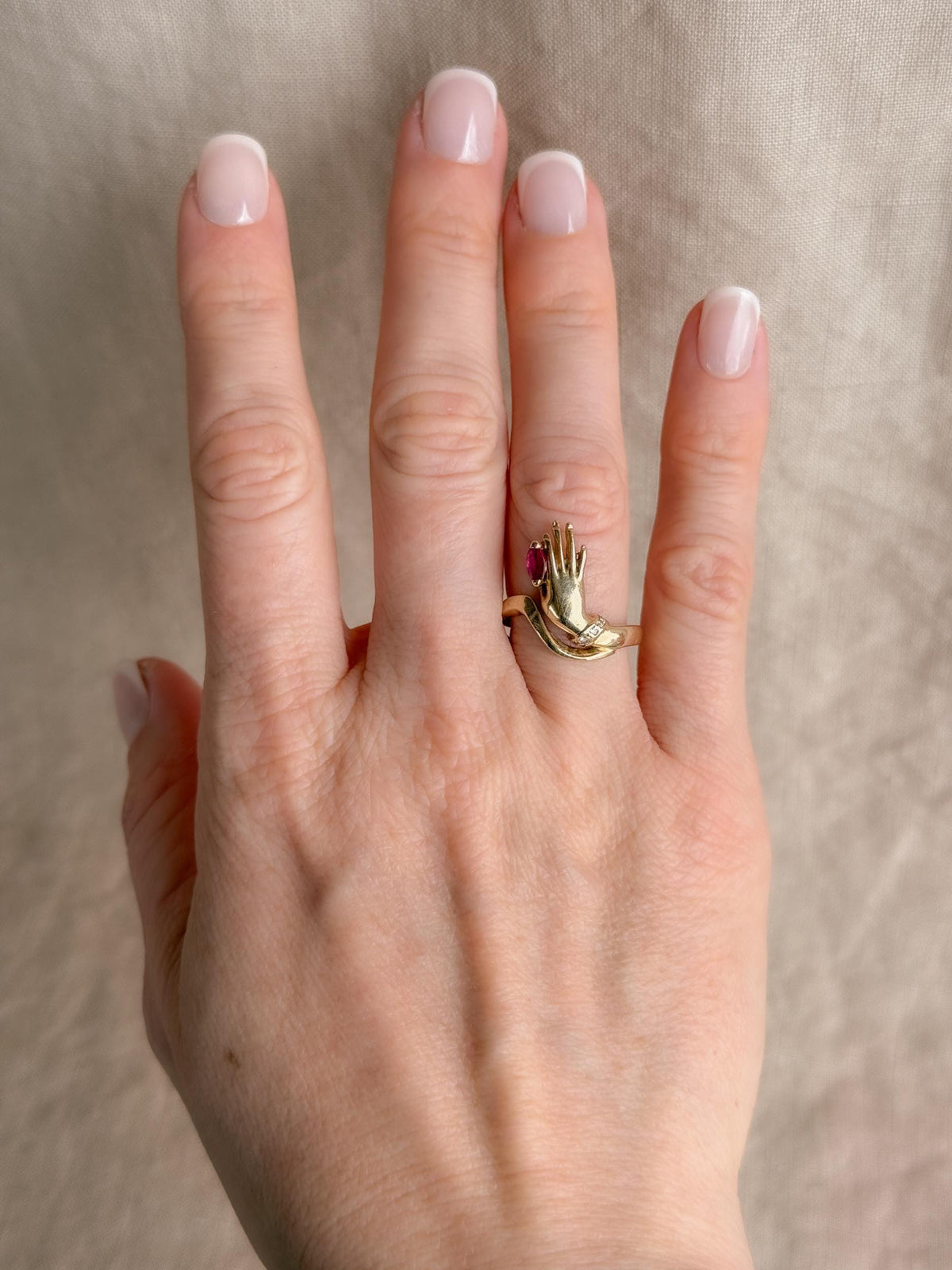 Vintage 1990s Ruby Hand Ring in 14k Gold