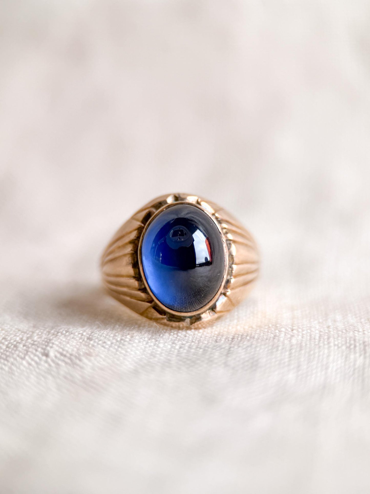 Vintage Blue Sapphire Ring, 14k Gold, Oval Cabochon Statement Ring, 1960s Bold Jewelry