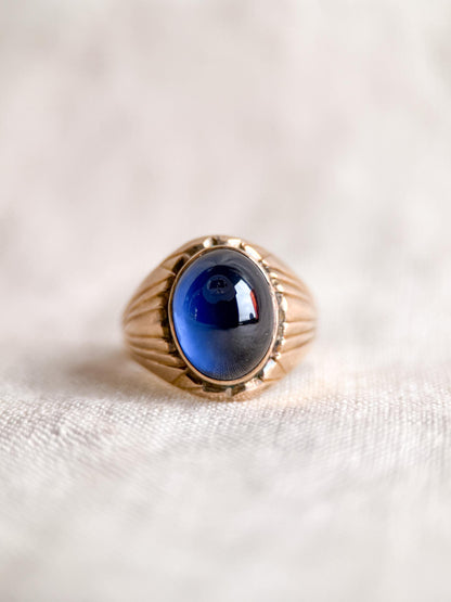 Vintage Blue Sapphire Ring, 14k Gold, Oval Cabochon Statement Ring, 1960s Bold Jewelry