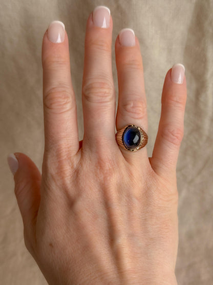Vintage Blue Sapphire Ring, 14k Gold, Oval Cabochon Statement Ring, 1960s Bold Jewelry