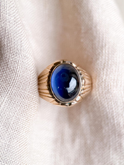 Vintage Blue Sapphire Ring, 14k Gold, Oval Cabochon Statement Ring, 1960s Bold Jewelry
