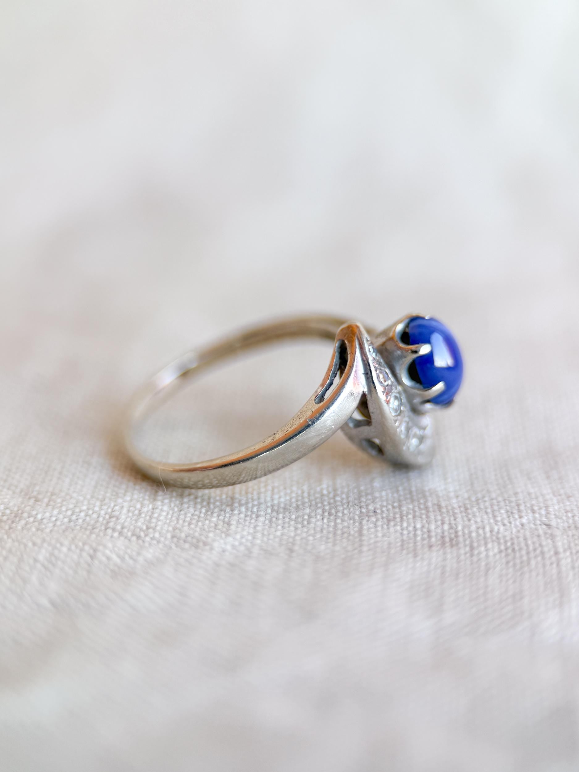 Vintage 1940s Star Sapphire & Diamond Ring, 10k White Gold