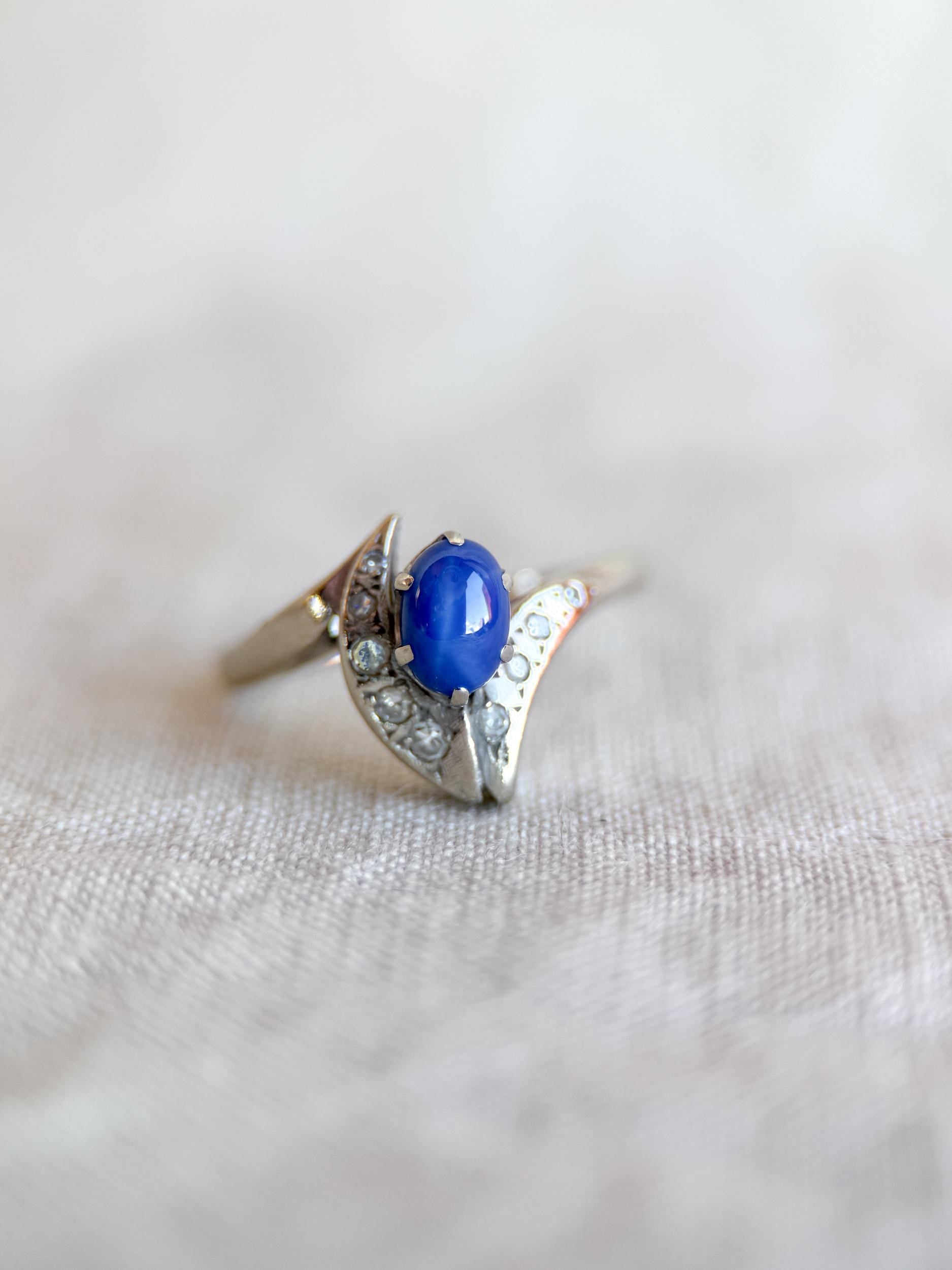 Vintage 1940s Star Sapphire & Diamond Ring, 10k White Gold