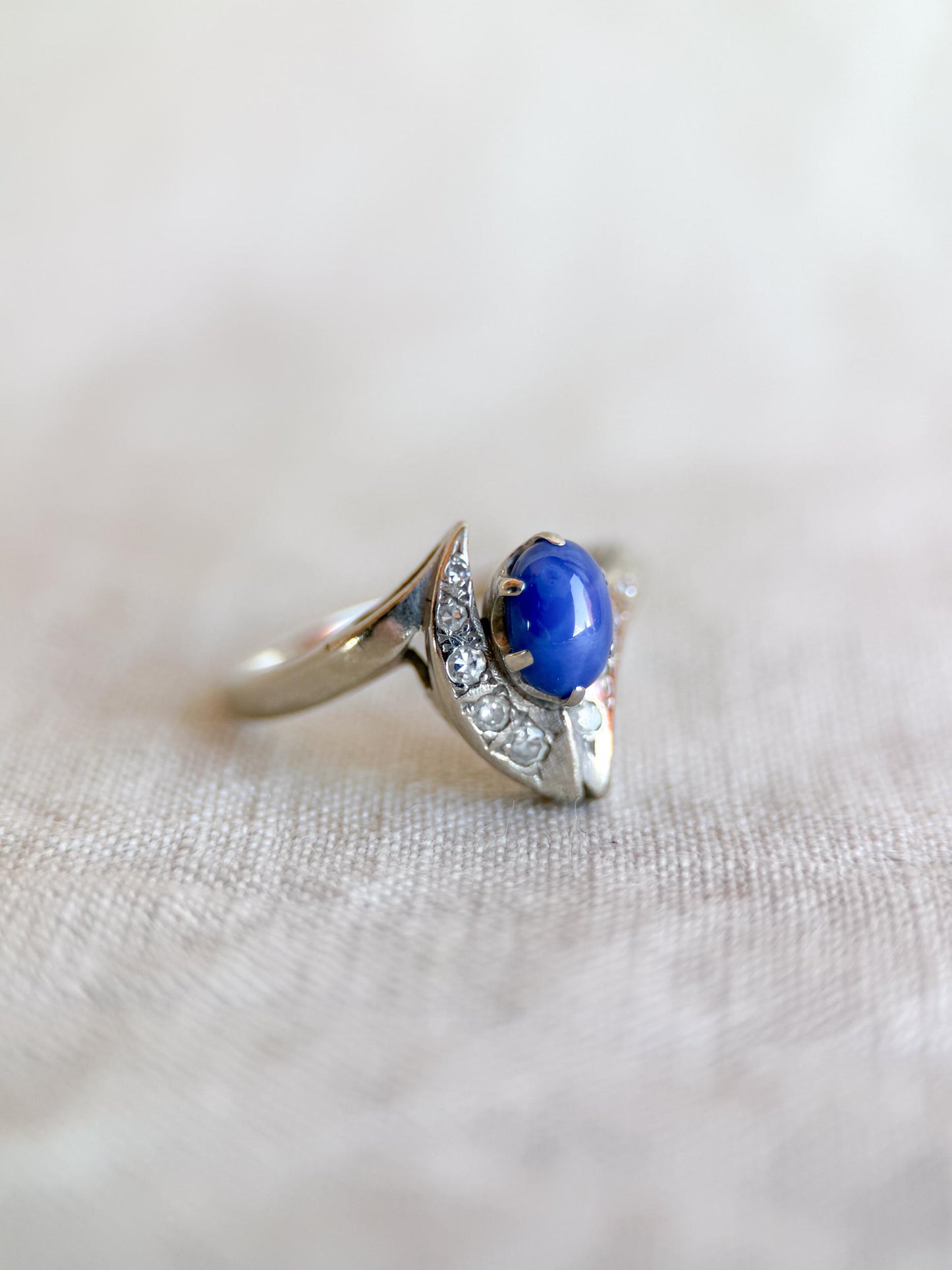 Vintage 1940s Star Sapphire & Diamond Ring, 10k White Gold