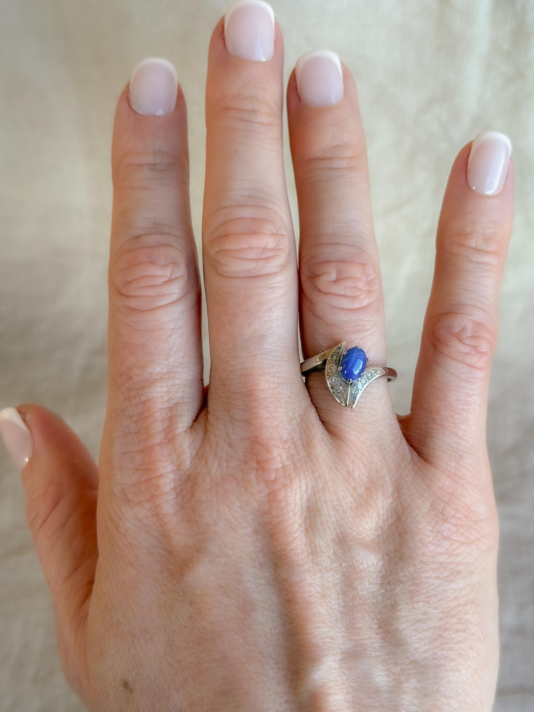 Vintage 1940s Star Sapphire & Diamond Ring, 10k White Gold