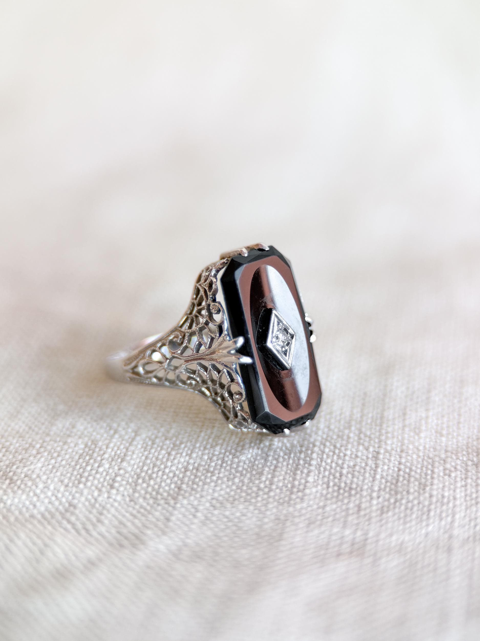 Antique 1920s Art Nouveau Onyx & Diamond Ring - Timeless Sustainability • Vintage Fine Jewelry