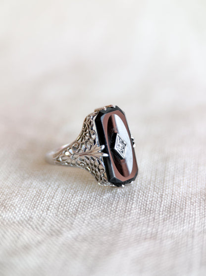 Antique 1920s Art Nouveau Onyx & Diamond Engagement Ring, 14k White Gold • One-of-a-kind Jewelry