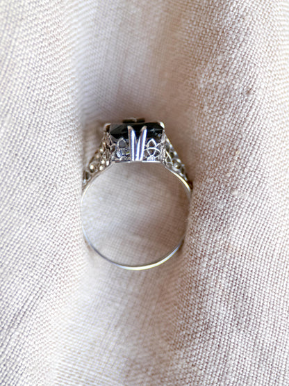 Antique 1920s Art Nouveau Onyx & Diamond Engagement Ring, 14k White Gold • One-of-a-kind Jewelry