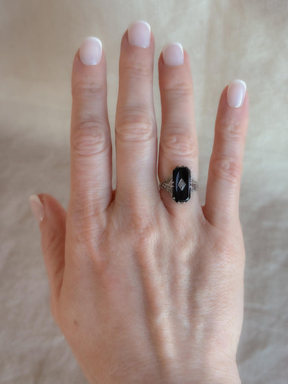 Antique 1920s Art Nouveau Onyx & Diamond Engagement Ring, 14k White Gold • One-of-a-kind Jewelry