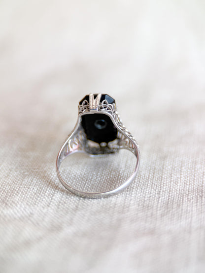 Antique 1920s Art Nouveau Onyx & Diamond Engagement Ring, 14k White Gold • One-of-a-kind Jewelry