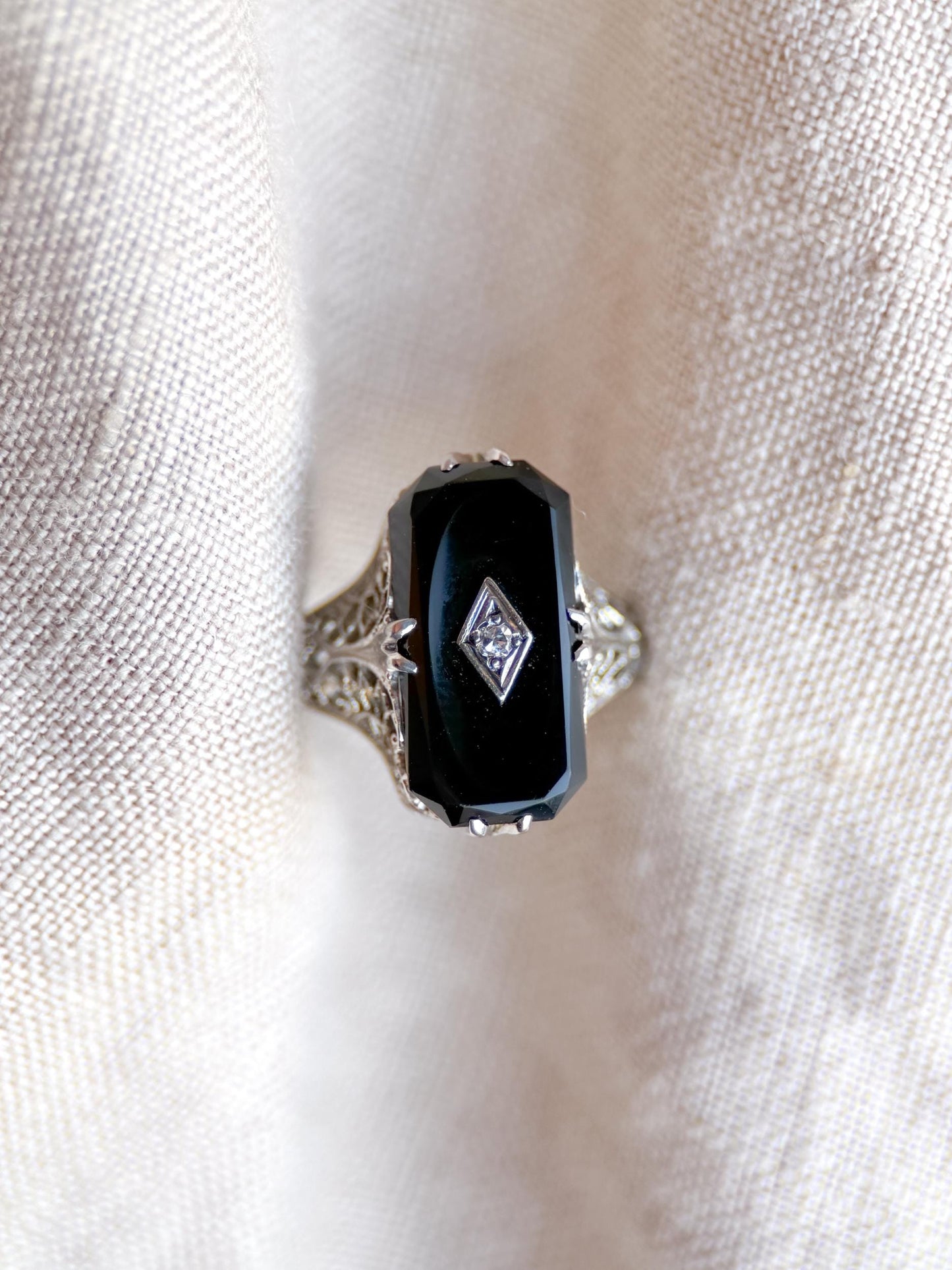 Antique 1920s Art Nouveau Onyx & Diamond Engagement Ring, 14k White Gold • One-of-a-kind Jewelry