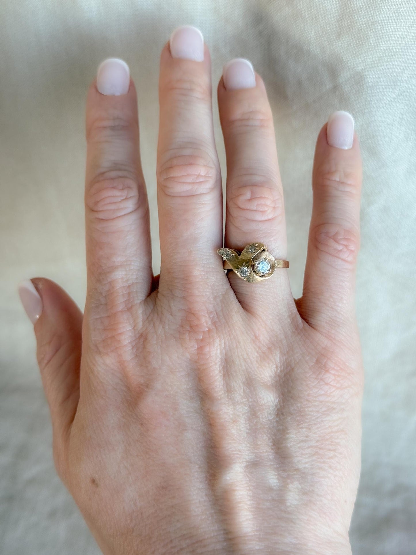 Vintage Diamond Engagement Ring, Round Cut, 14k Gold, 1960s Art Nouveau Bridal Ring