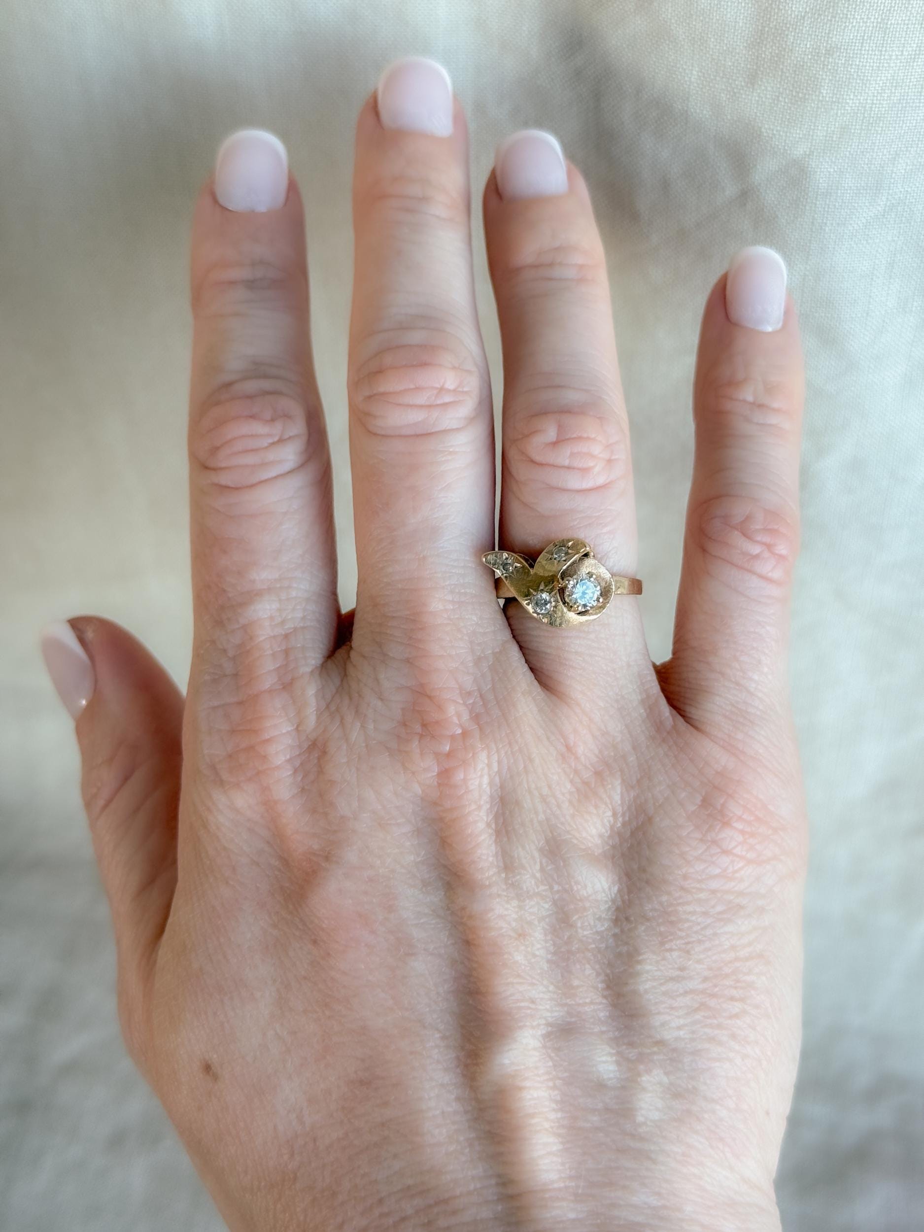 Vintage Diamond Engagement Ring, Round Cut, 14k Gold, 1960s Art Nouveau Bridal Ring