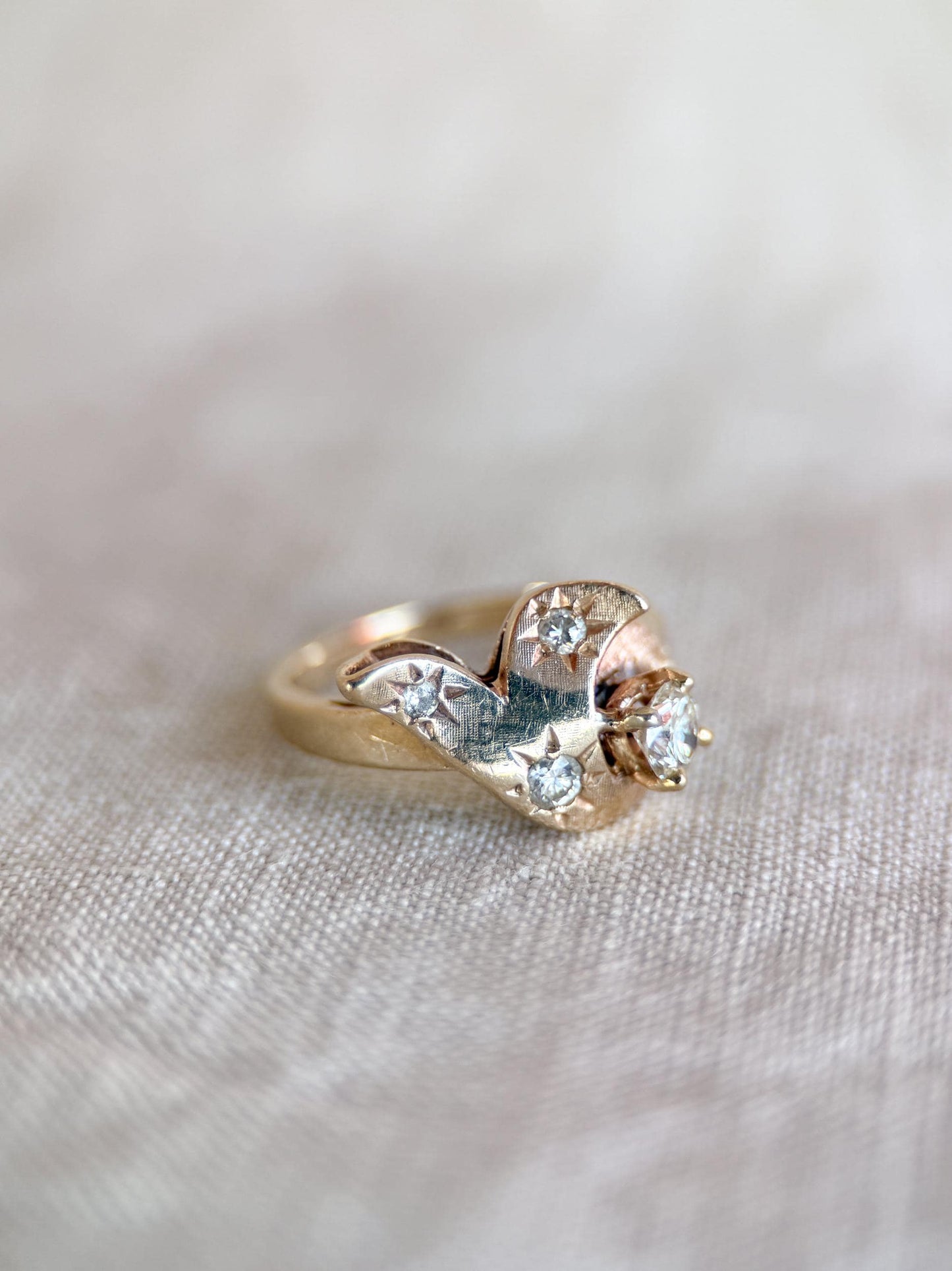 Vintage Diamond Engagement Ring, Round Cut, 14k Gold, 1960s Art Nouveau Bridal Ring
